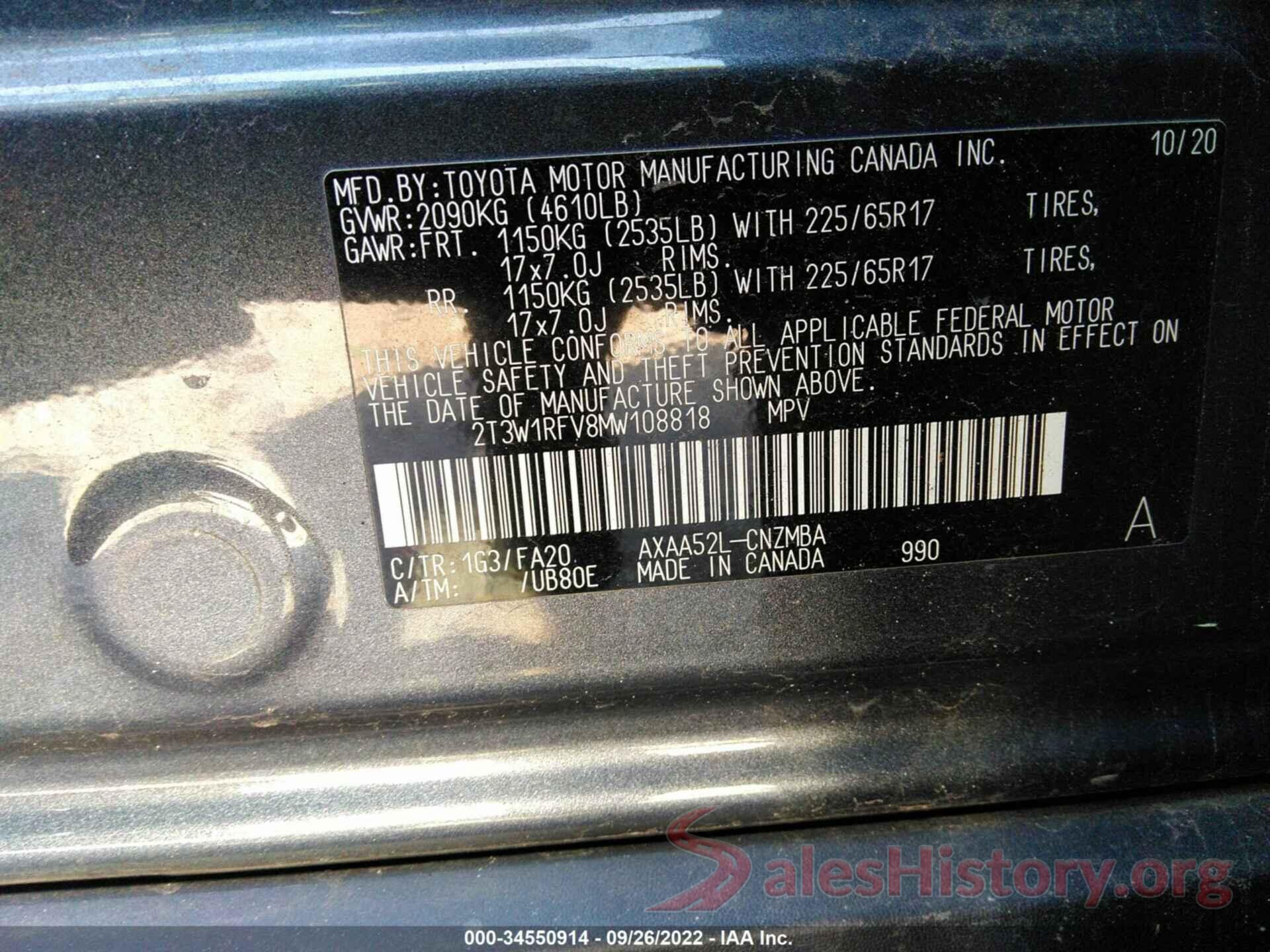 2T3W1RFV8MW108818 2021 TOYOTA RAV4