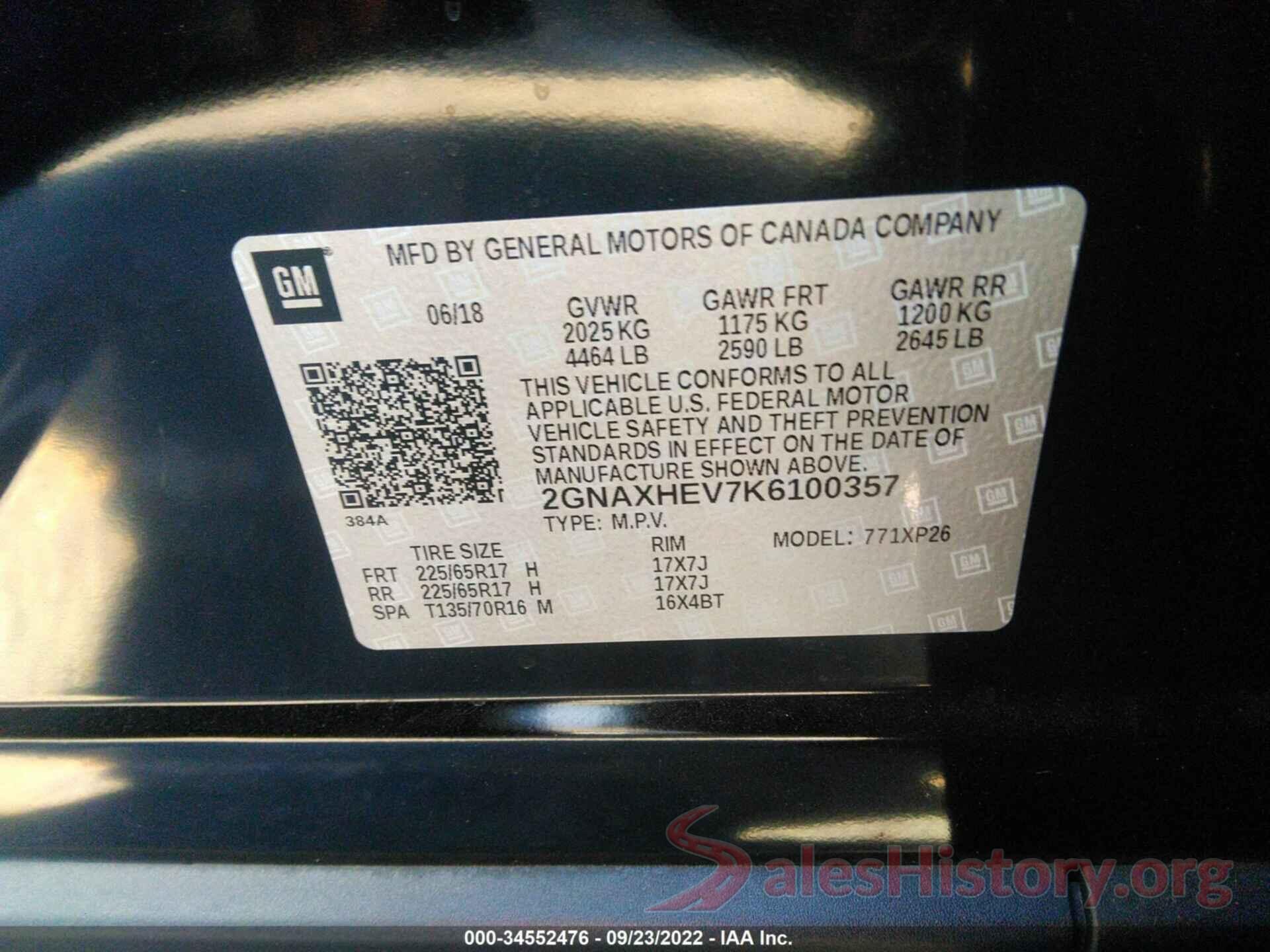 2GNAXHEV7K6100357 2019 CHEVROLET EQUINOX