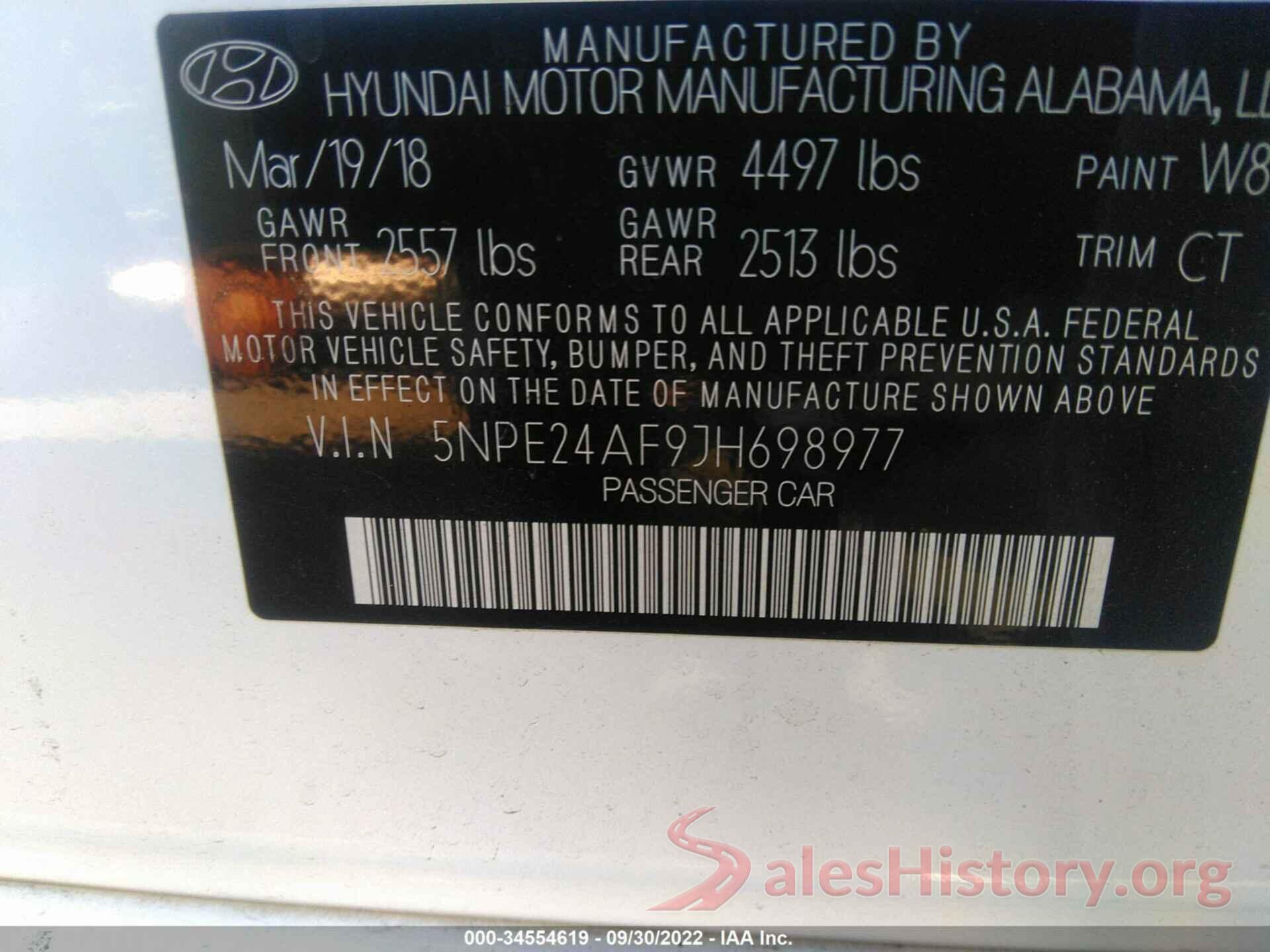 5NPE24AF9JH698977 2018 HYUNDAI SONATA