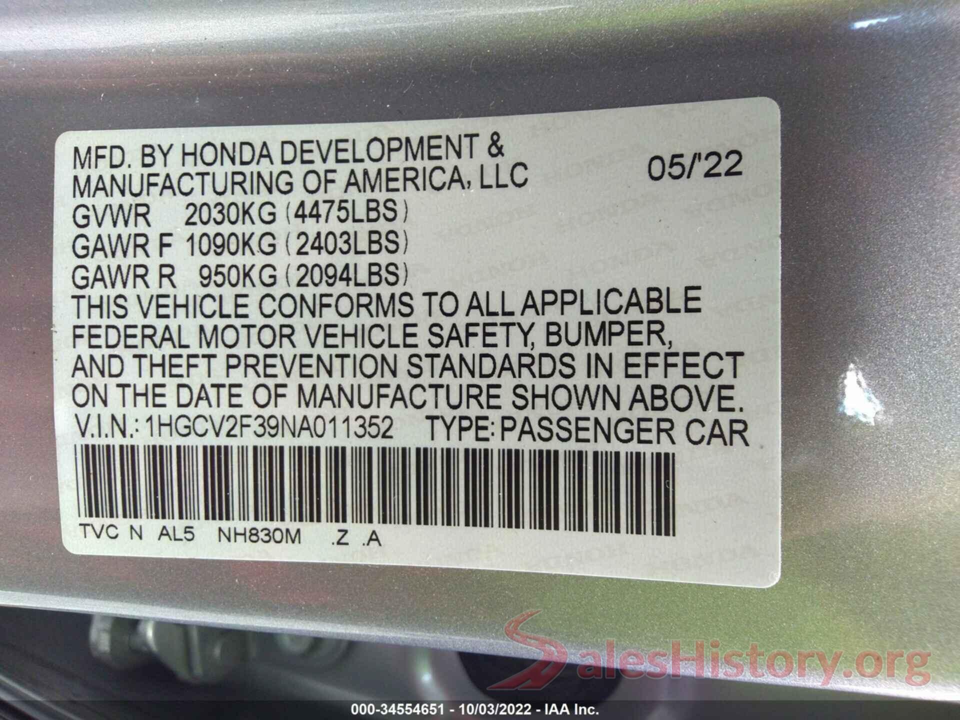 1HGCV2F39NA011352 2022 HONDA ACCORD SEDAN