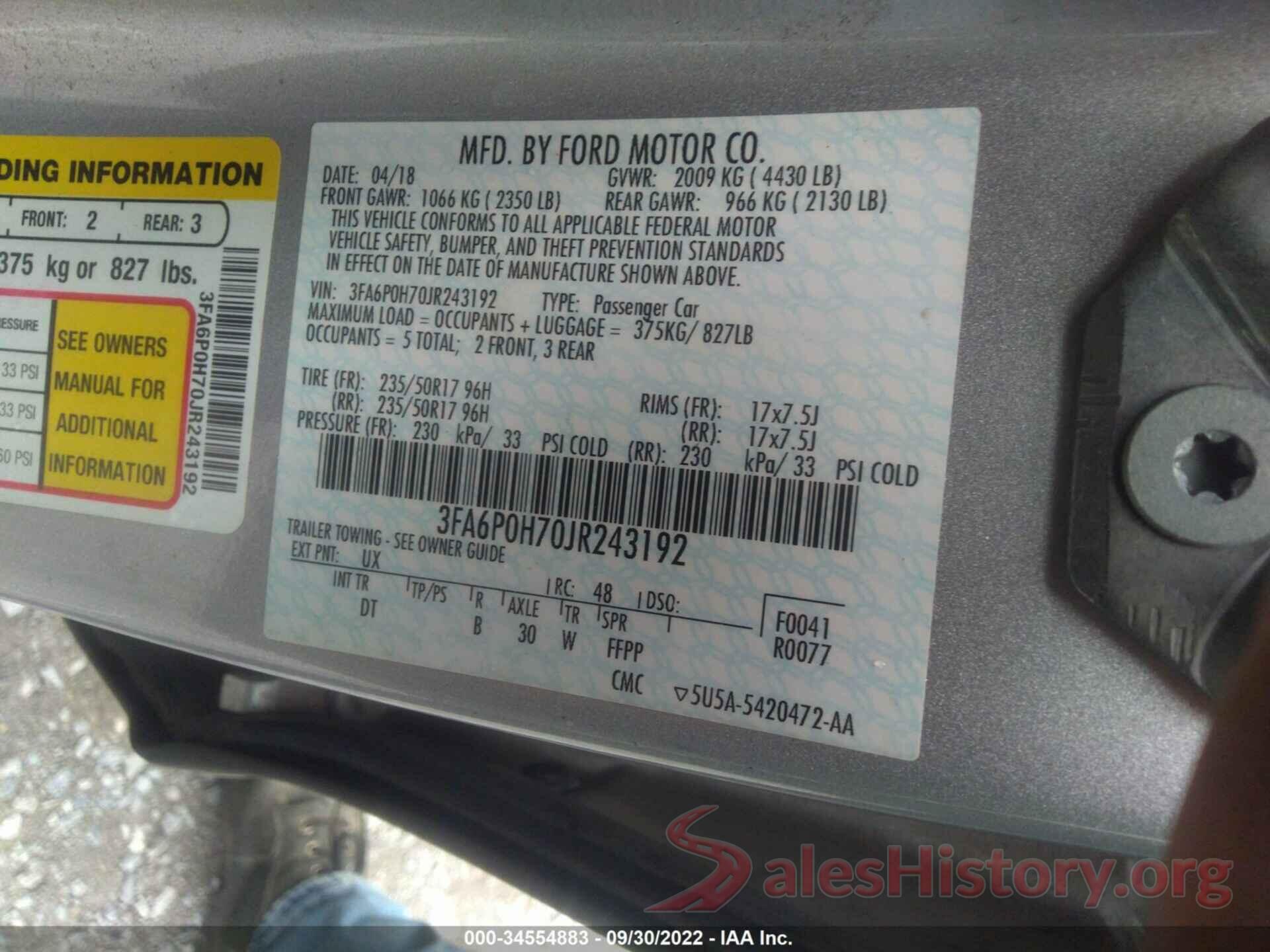 3FA6P0H70JR243192 2018 FORD FUSION