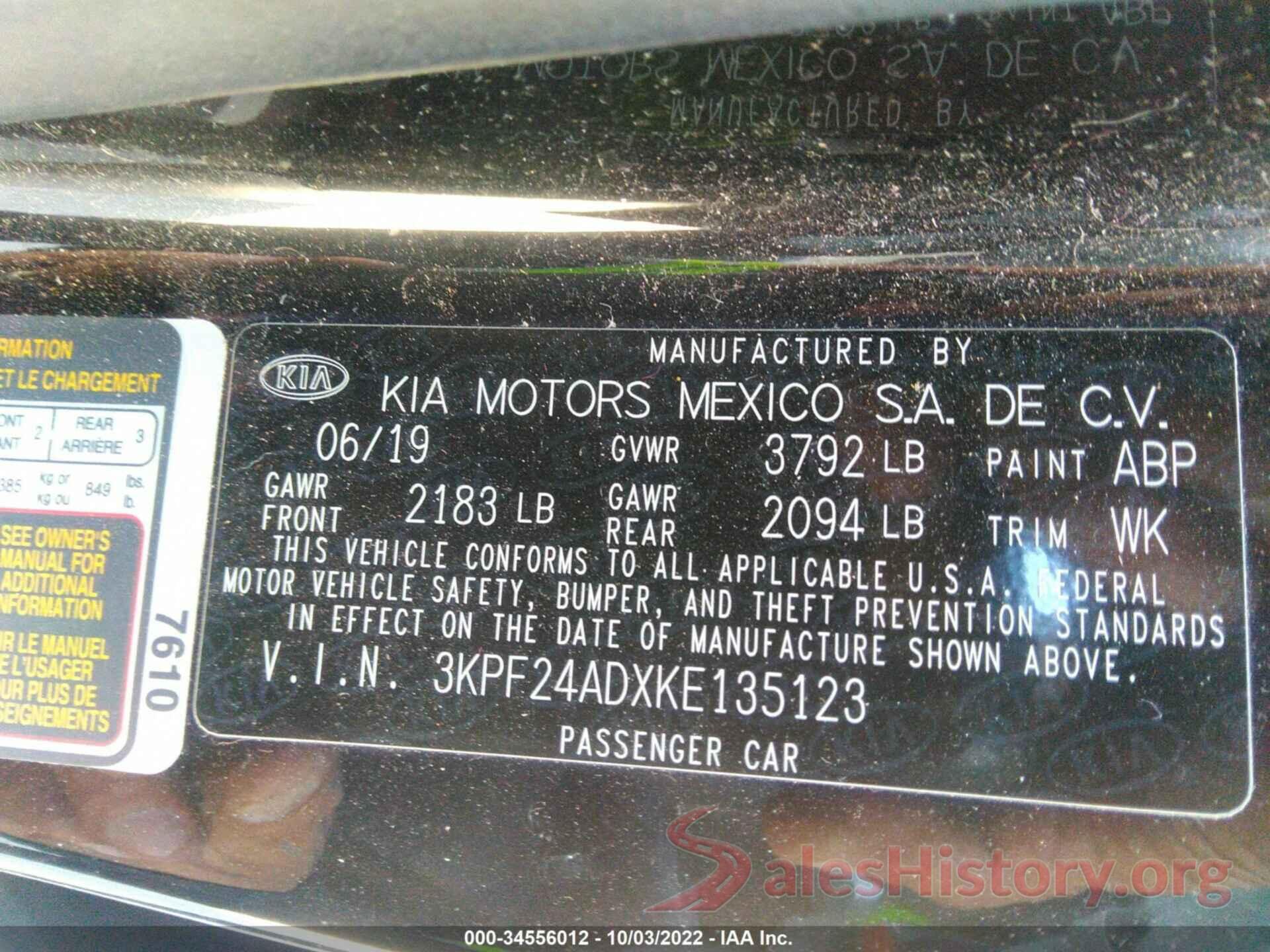 3KPF24ADXKE135123 2019 KIA FORTE