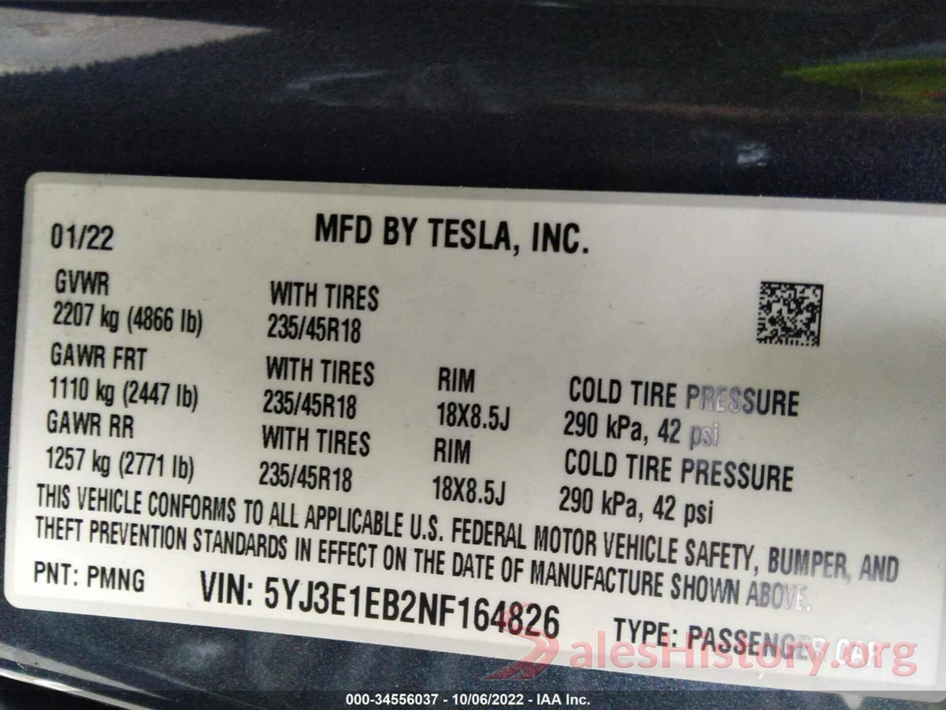 5YJ3E1EB2NF164826 2022 TESLA MODEL 3