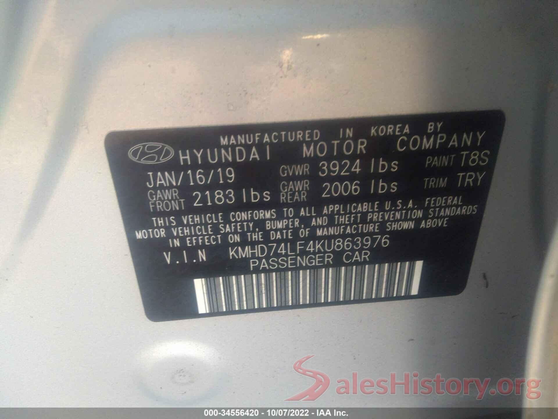 KMHD74LF4KU863976 2019 HYUNDAI ELANTRA