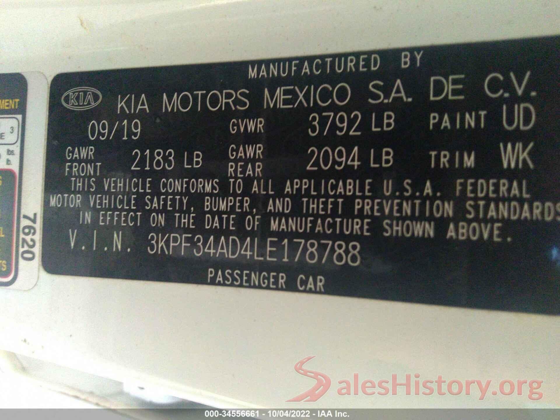 3KPF34AD4LE178788 2020 KIA FORTE