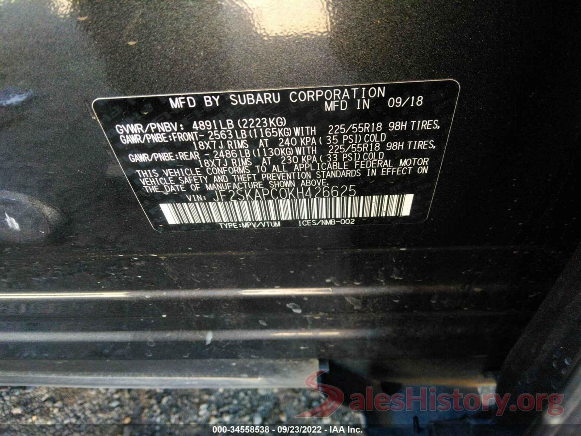 JF2SKAPC0KH426625 2019 SUBARU FORESTER