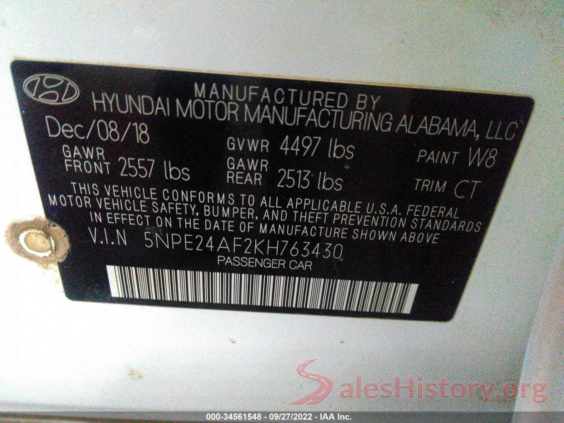 5NPE24AF2KH763430 2019 HYUNDAI SONATA