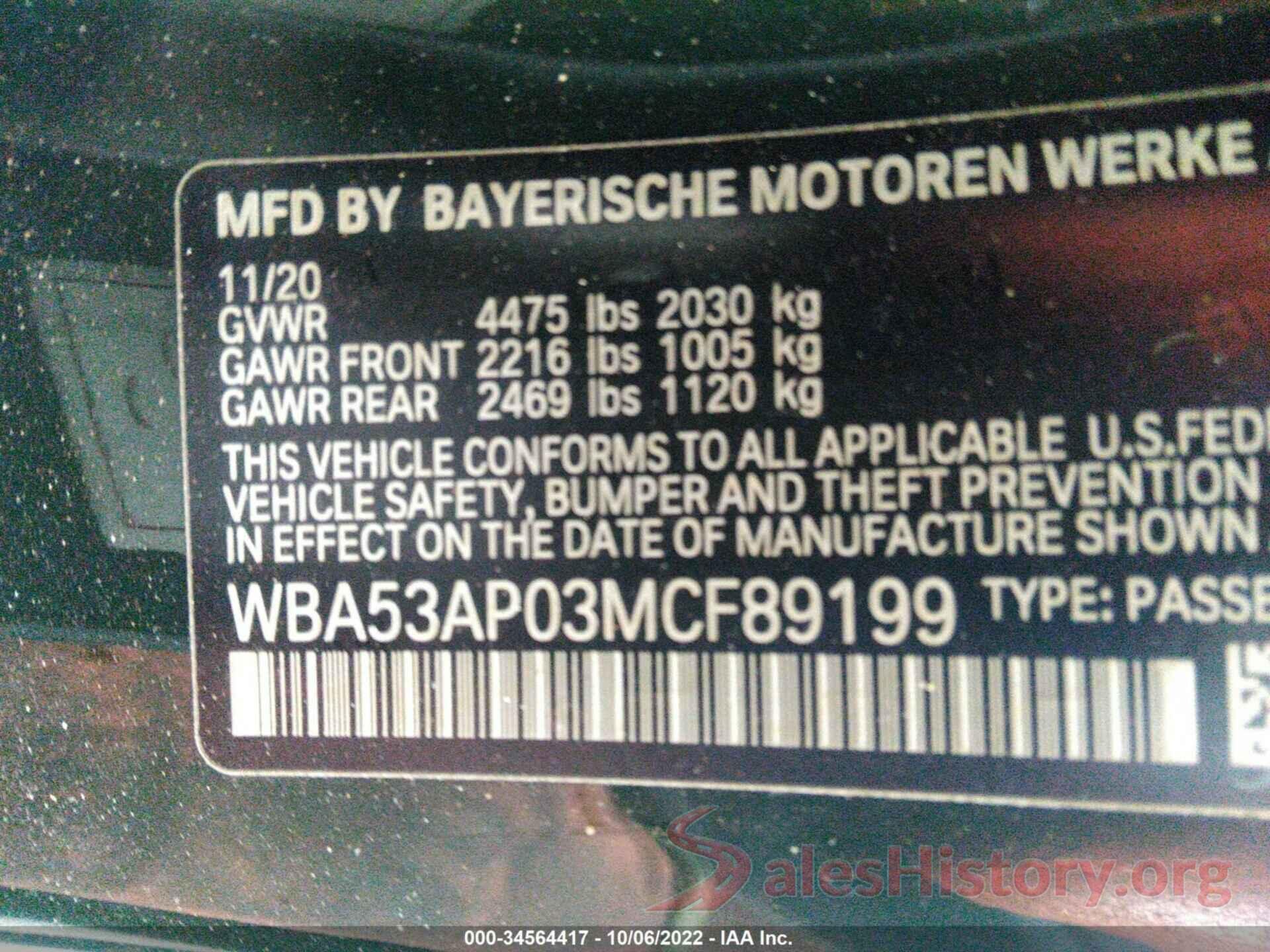 WBA53AP03MCF89199 2021 BMW 4 SERIES