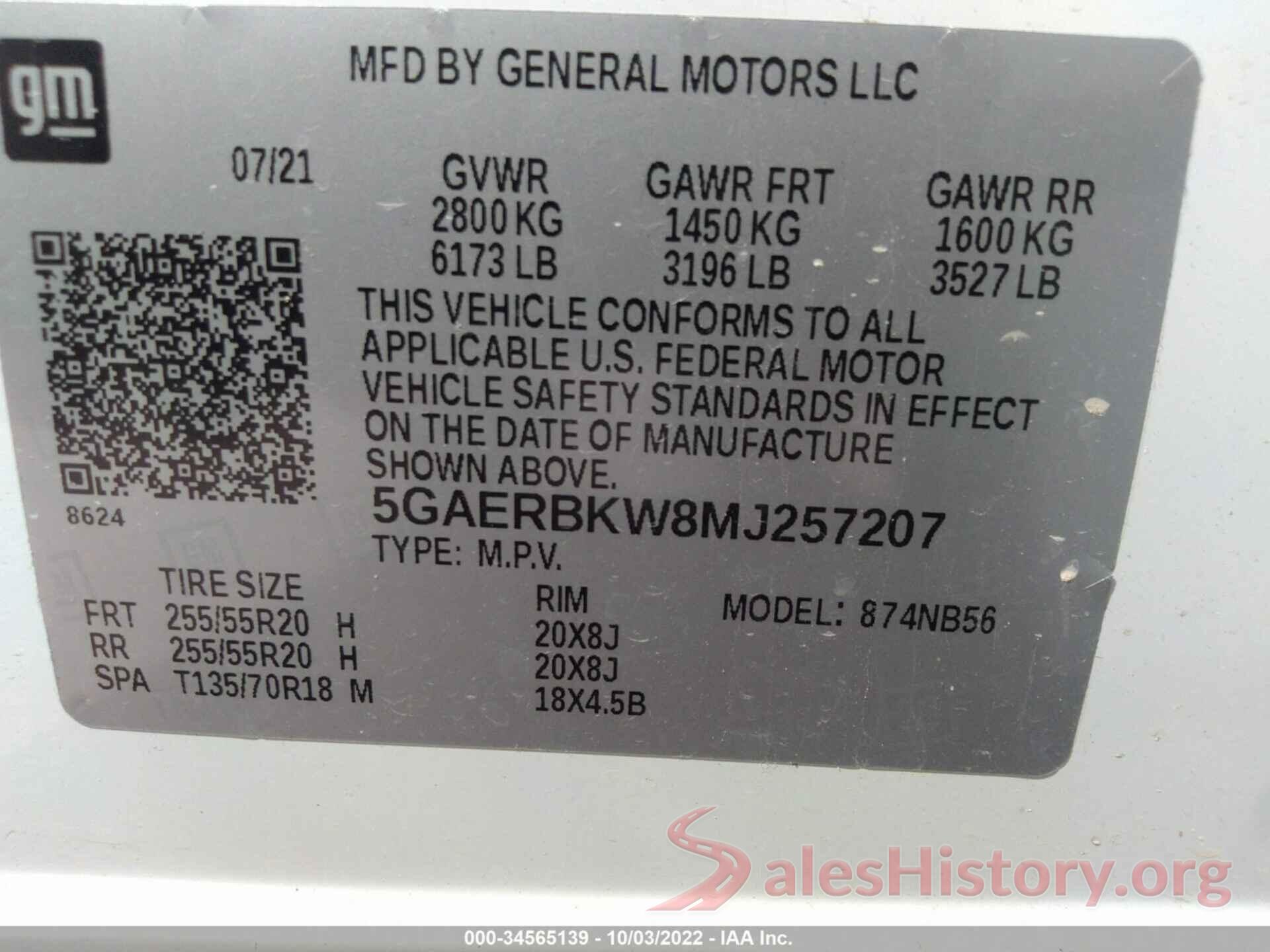 5GAERBKW8MJ257207 2021 BUICK ENCLAVE