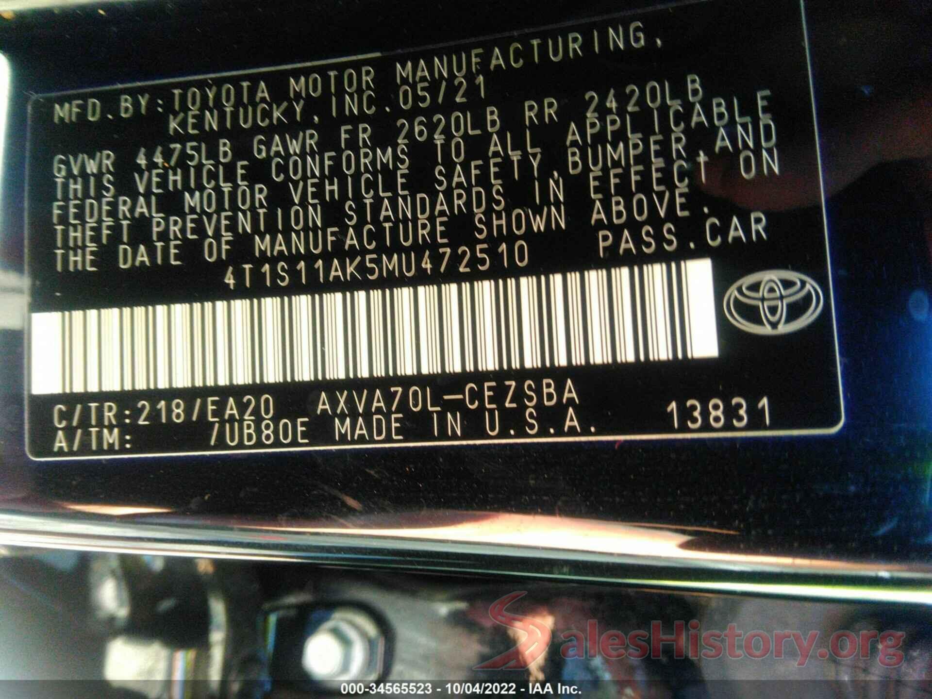 4T1S11AK5MU472510 2021 TOYOTA CAMRY