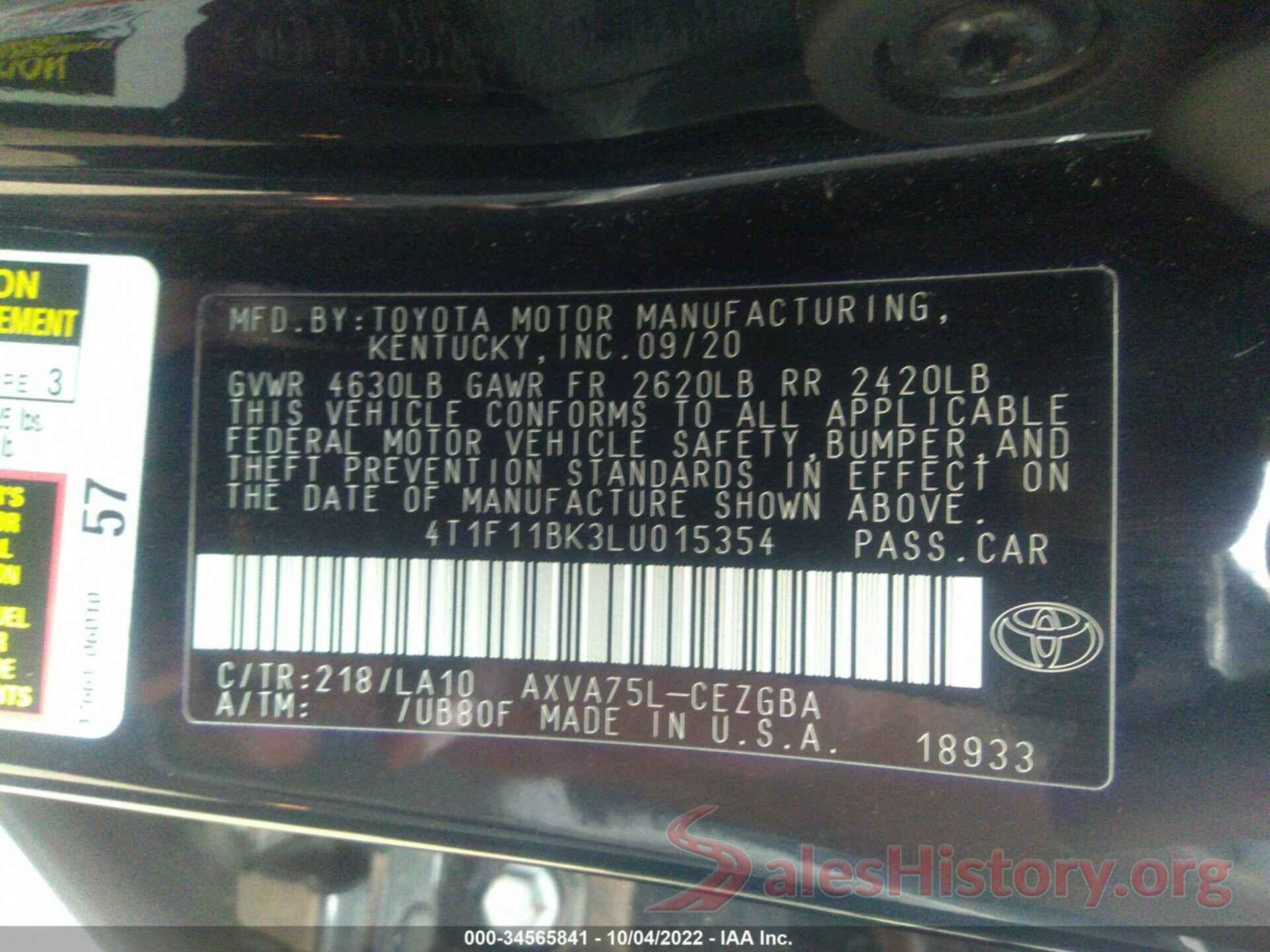 4T1F11BK3LU015354 2020 TOYOTA CAMRY