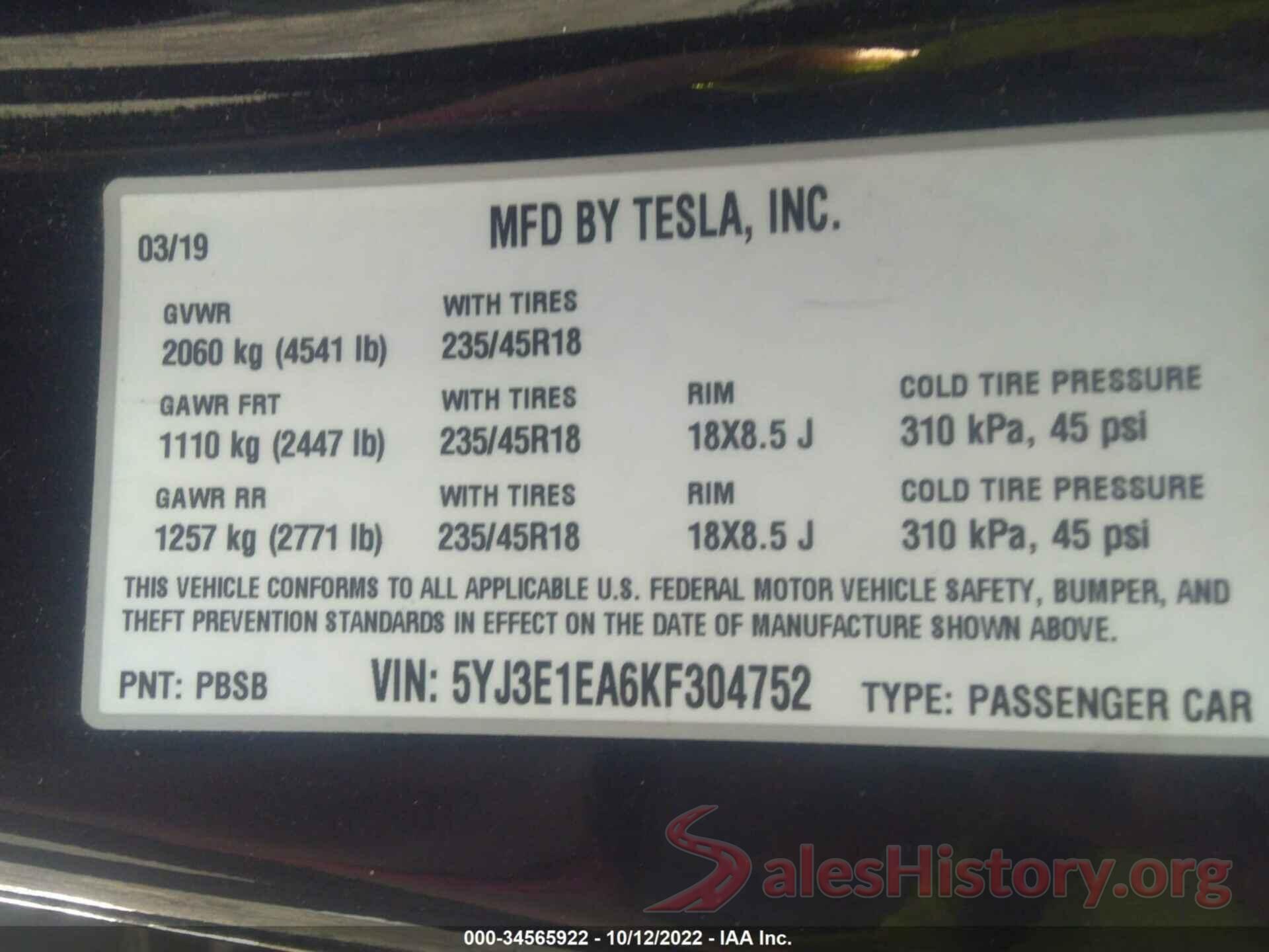 5YJ3E1EA6KF304752 2019 TESLA MODEL 3