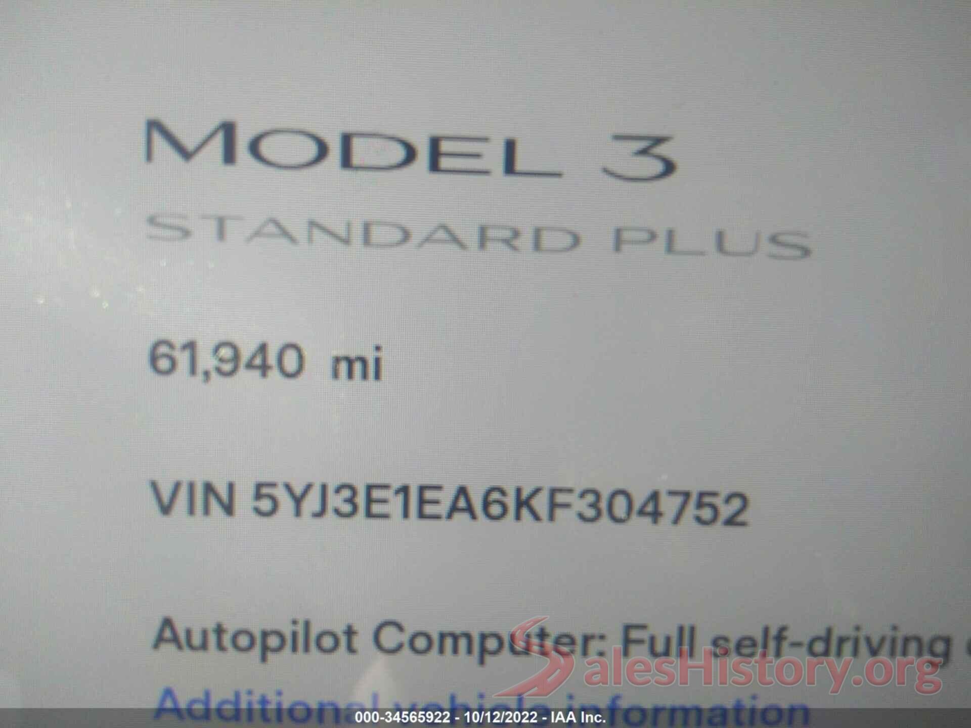 5YJ3E1EA6KF304752 2019 TESLA MODEL 3