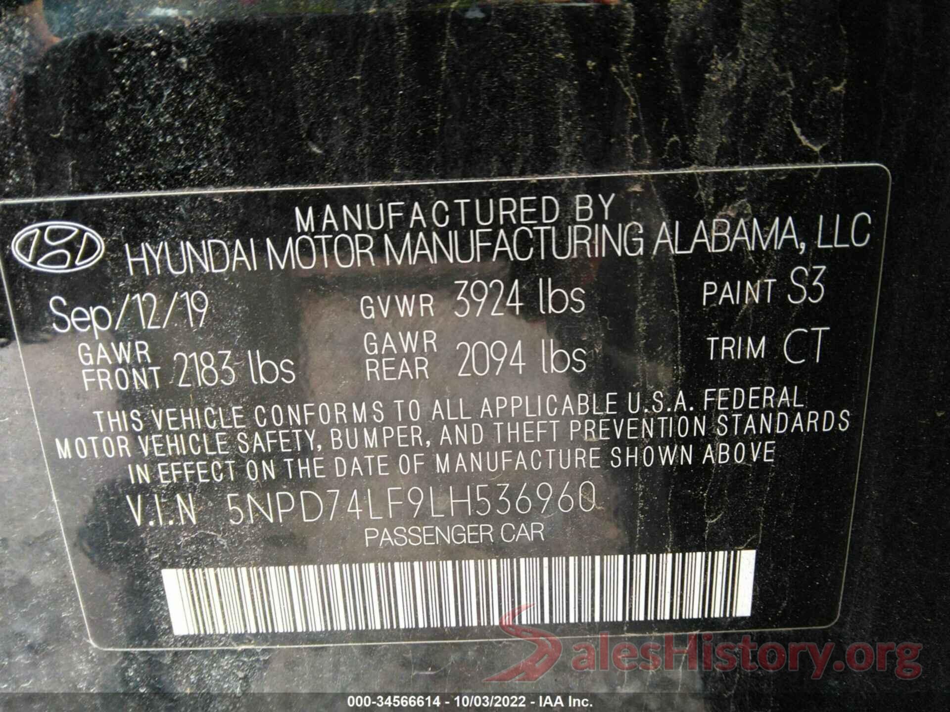 5NPD74LF9LH536960 2020 HYUNDAI ELANTRA