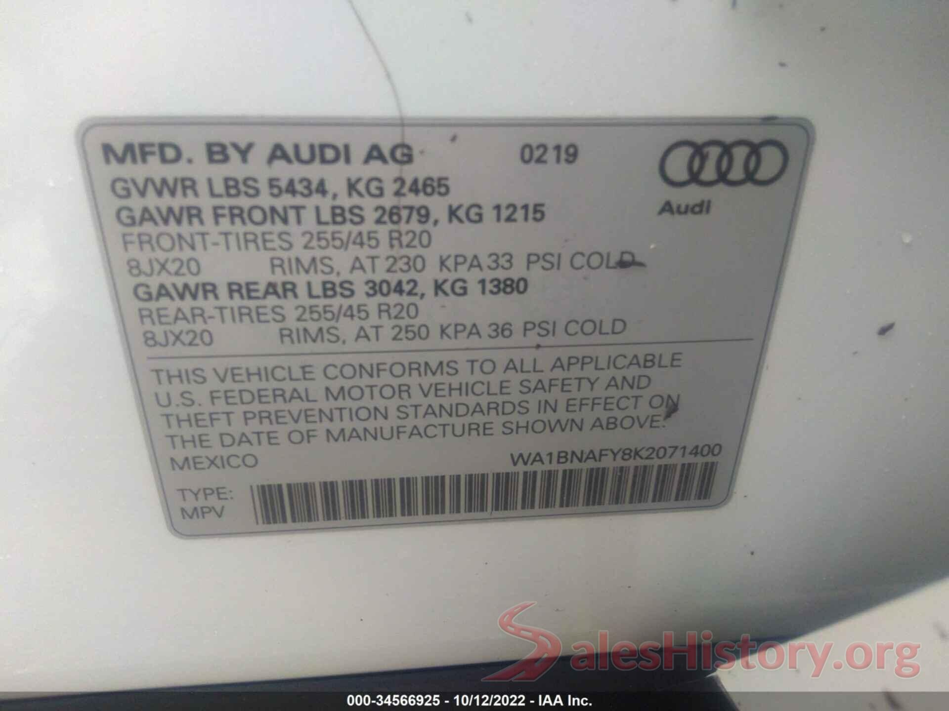 WA1BNAFY8K2071400 2019 AUDI Q5