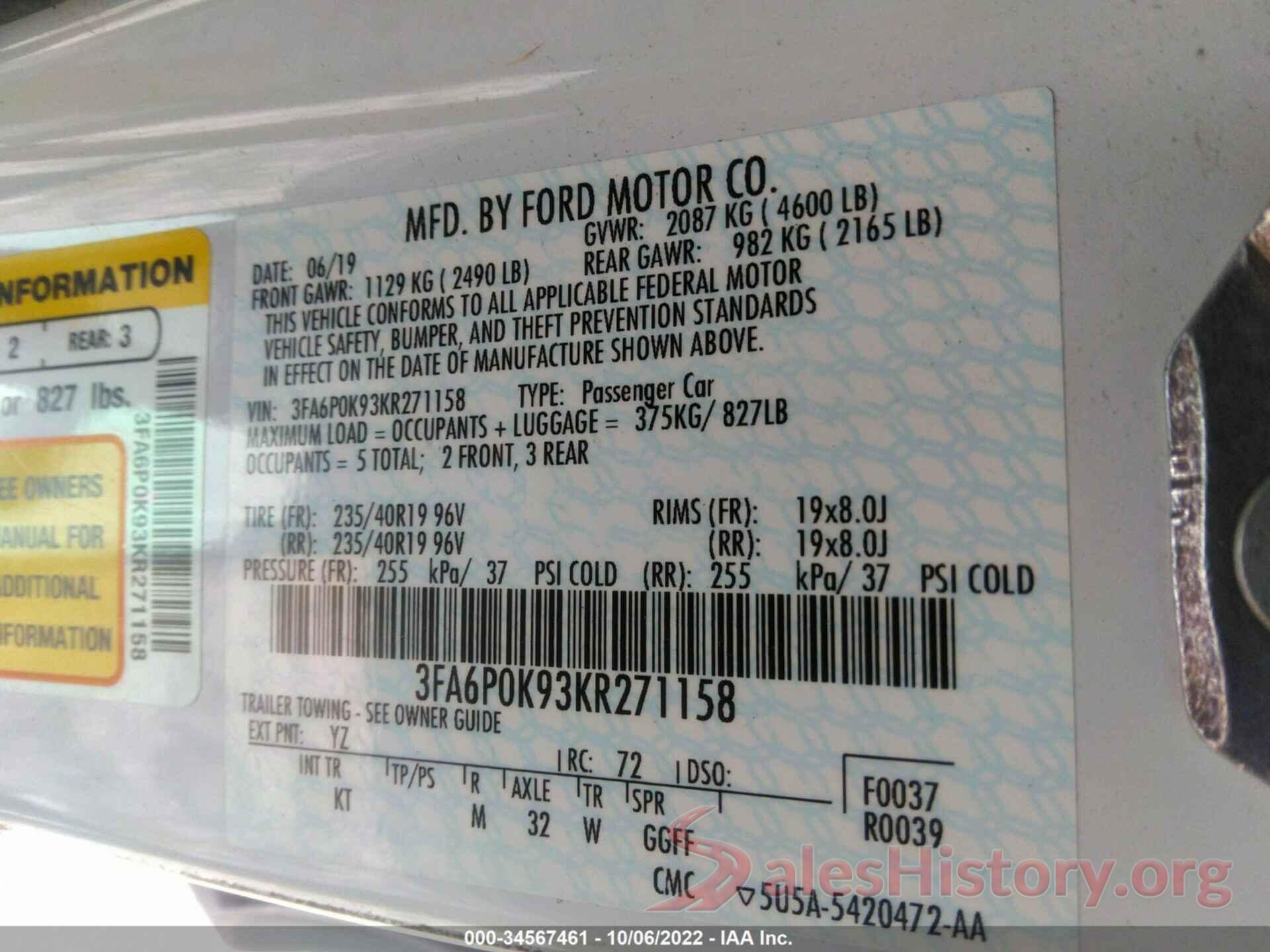 3FA6P0K93KR271158 2019 FORD FUSION