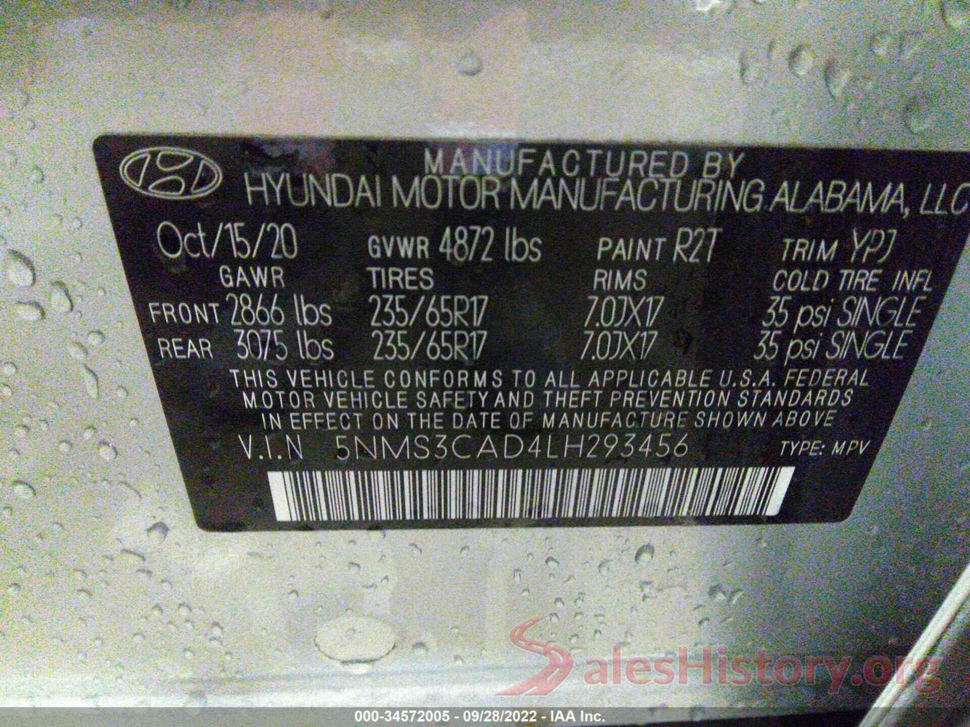 5NMS3CAD4LH293456 2020 HYUNDAI SANTA FE