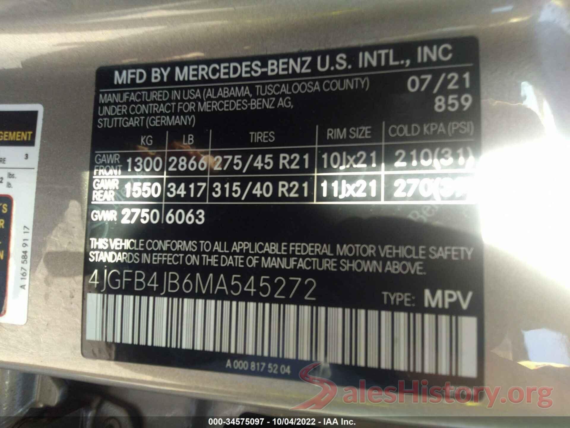 4JGFB4JB6MA545272 2021 MERCEDES-BENZ GLE