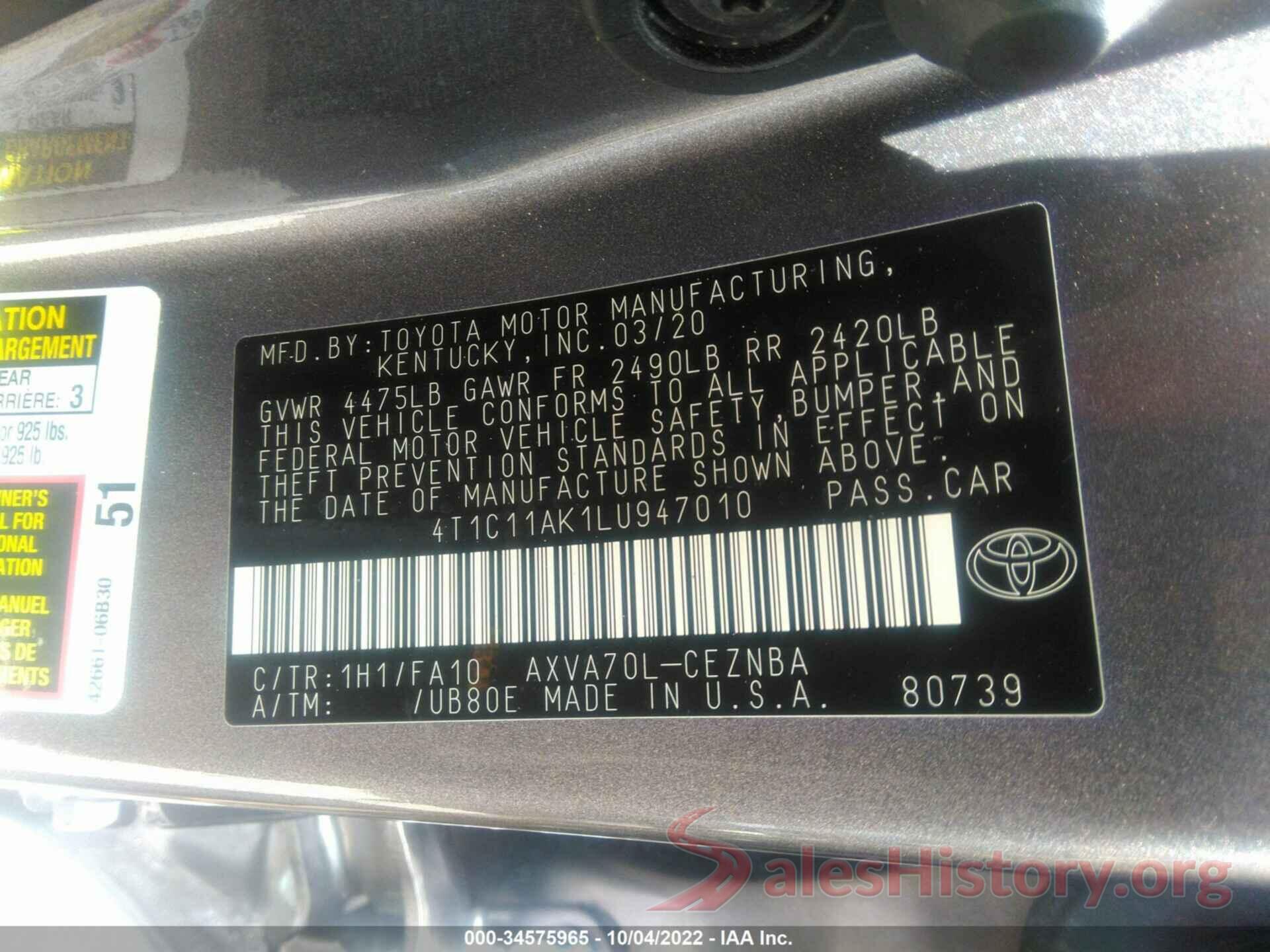 4T1C11AK1LU947010 2020 TOYOTA CAMRY