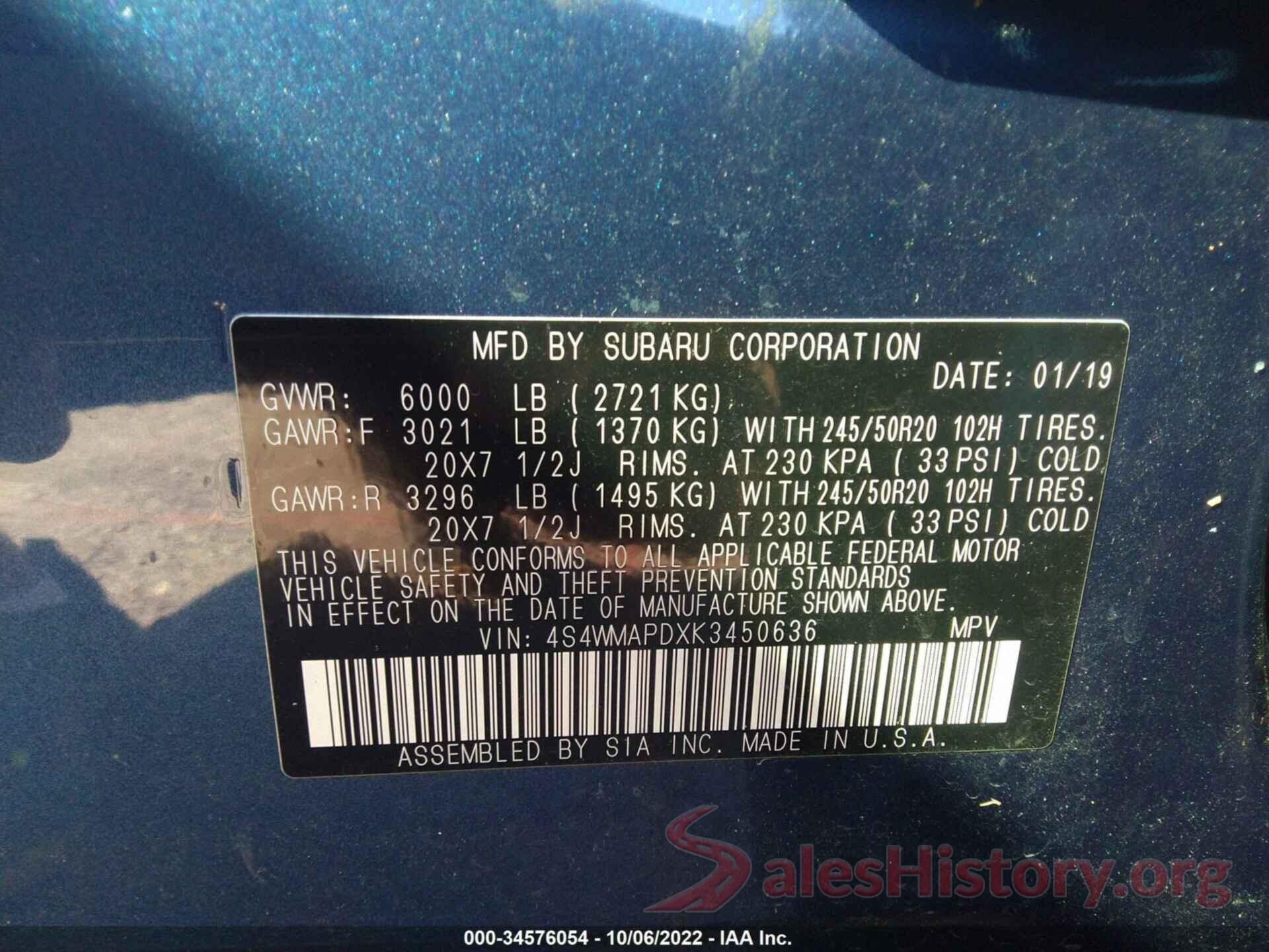 4S4WMAPDXK3450636 2019 SUBARU ASCENT