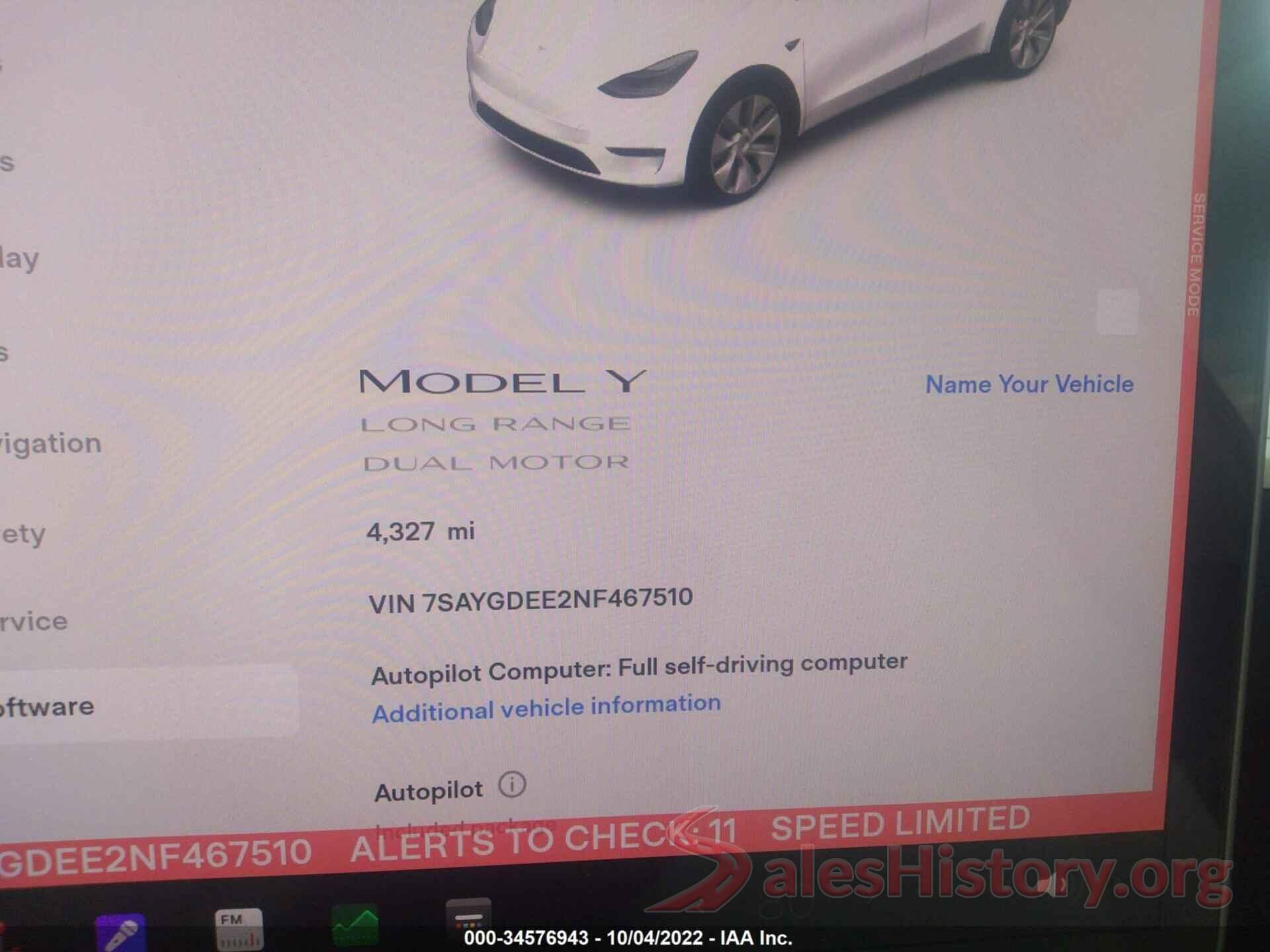 7SAYGDEE2NF467510 2022 TESLA MODEL Y