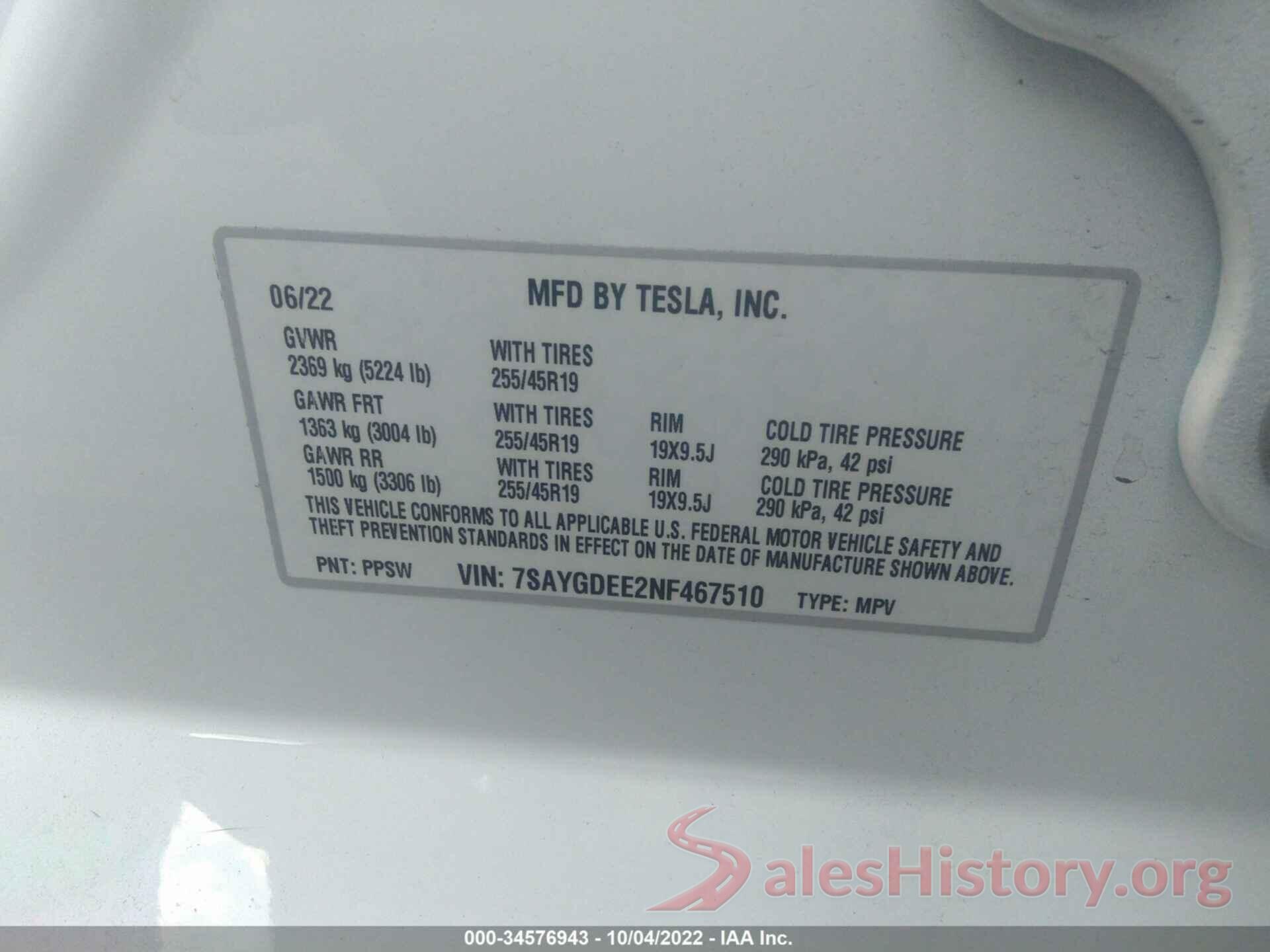 7SAYGDEE2NF467510 2022 TESLA MODEL Y