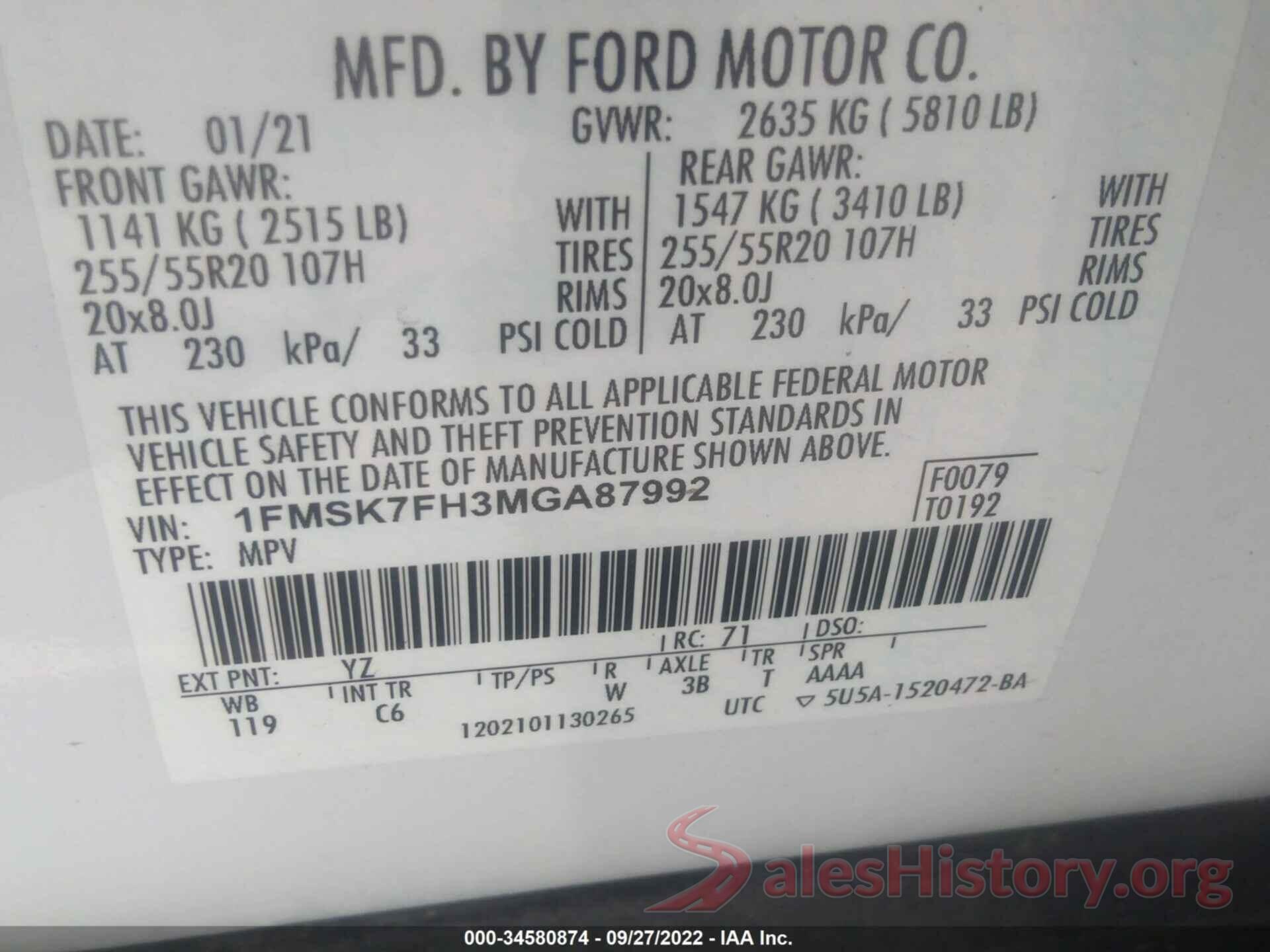 1FMSK7FH3MGA87992 2021 FORD EXPLORER