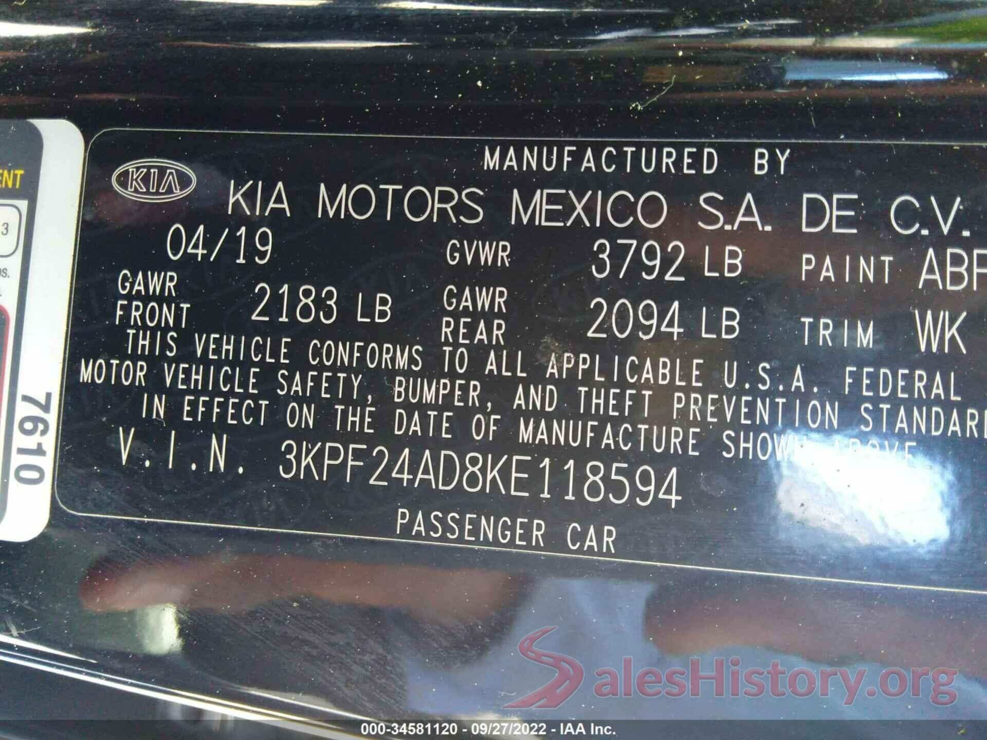 3KPF24AD8KE118594 2019 KIA FORTE