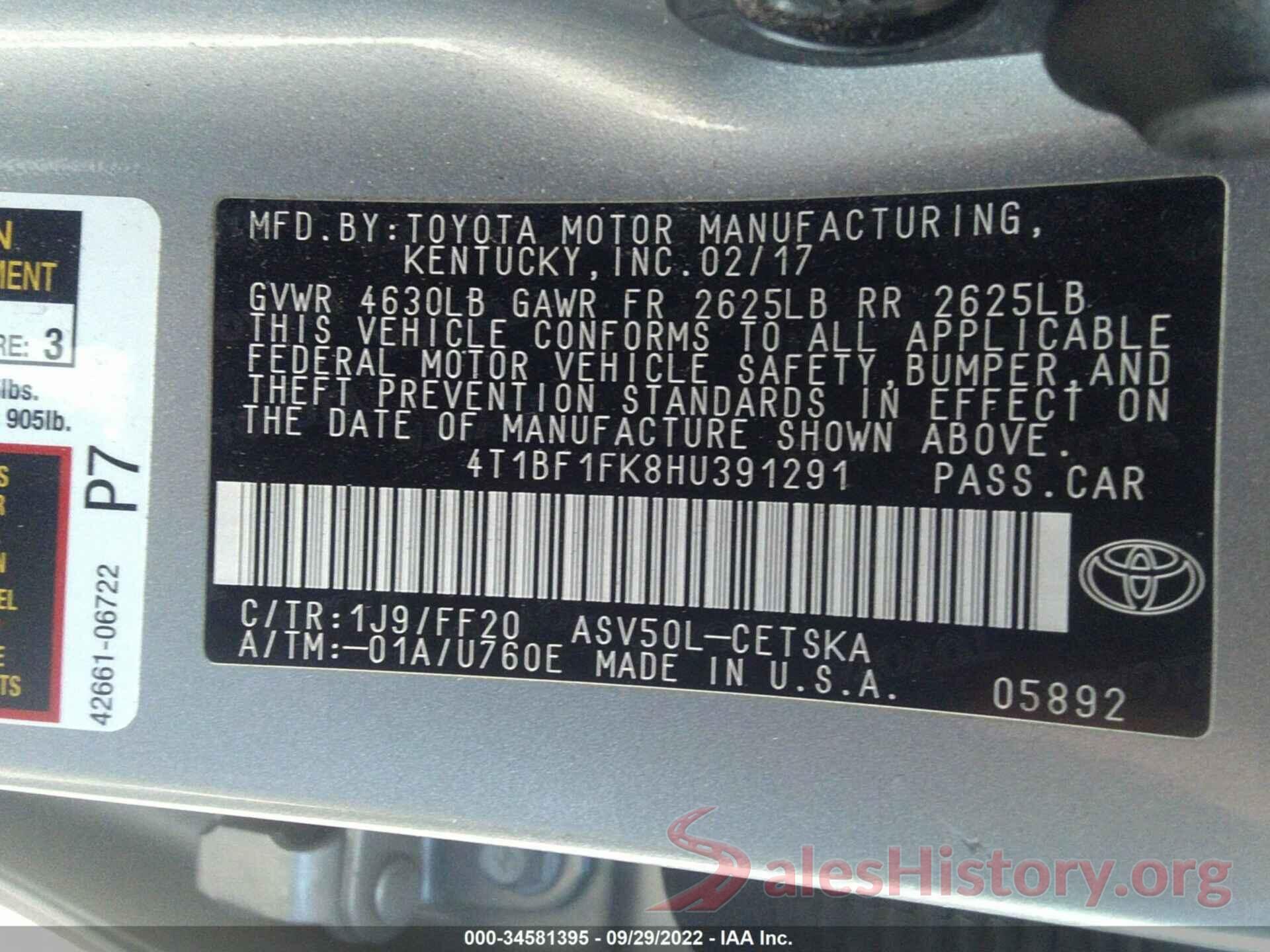 4T1BF1FK8HU391291 2017 TOYOTA CAMRY