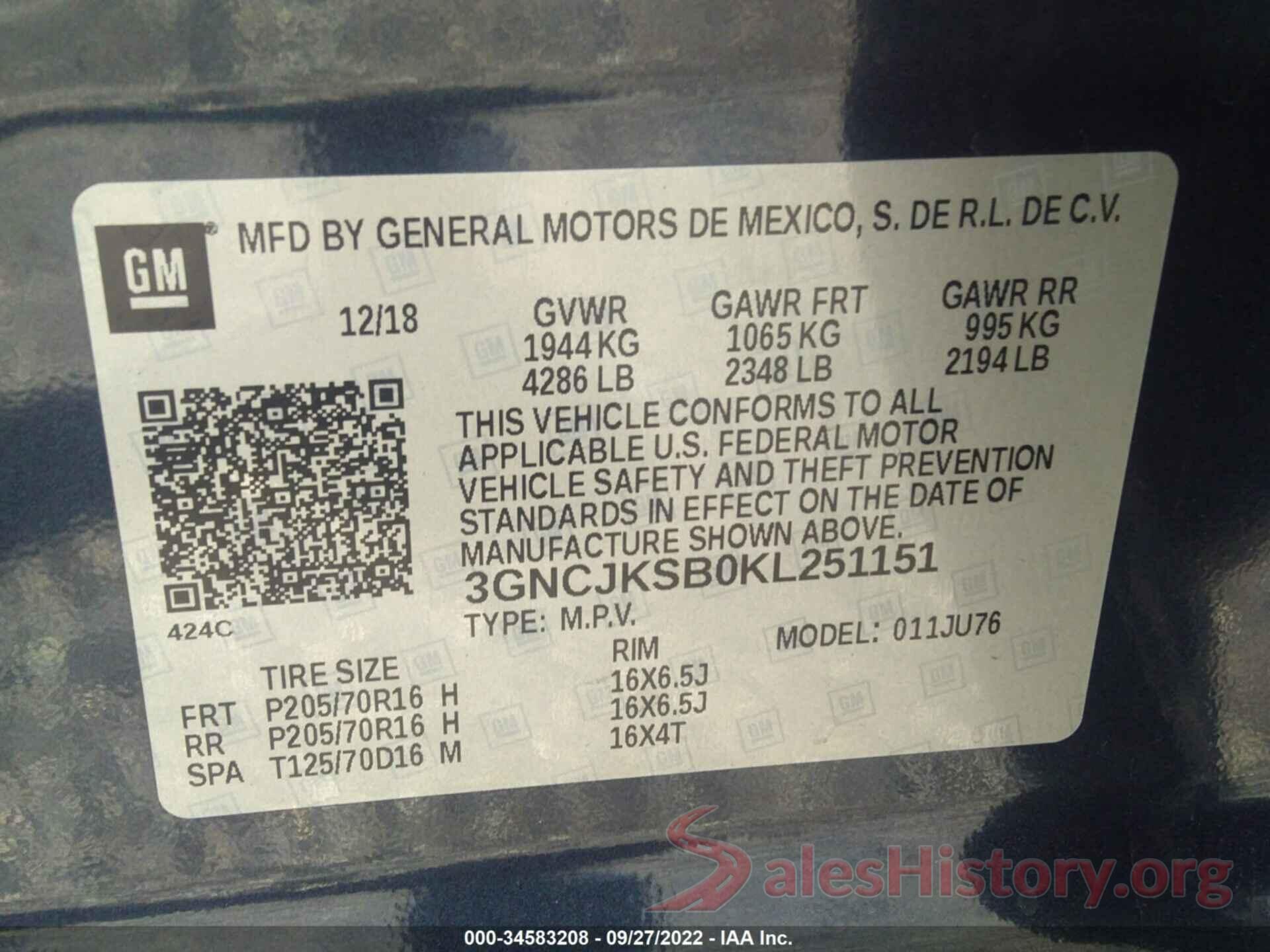 3GNCJKSB0KL251151 2019 CHEVROLET TRAX