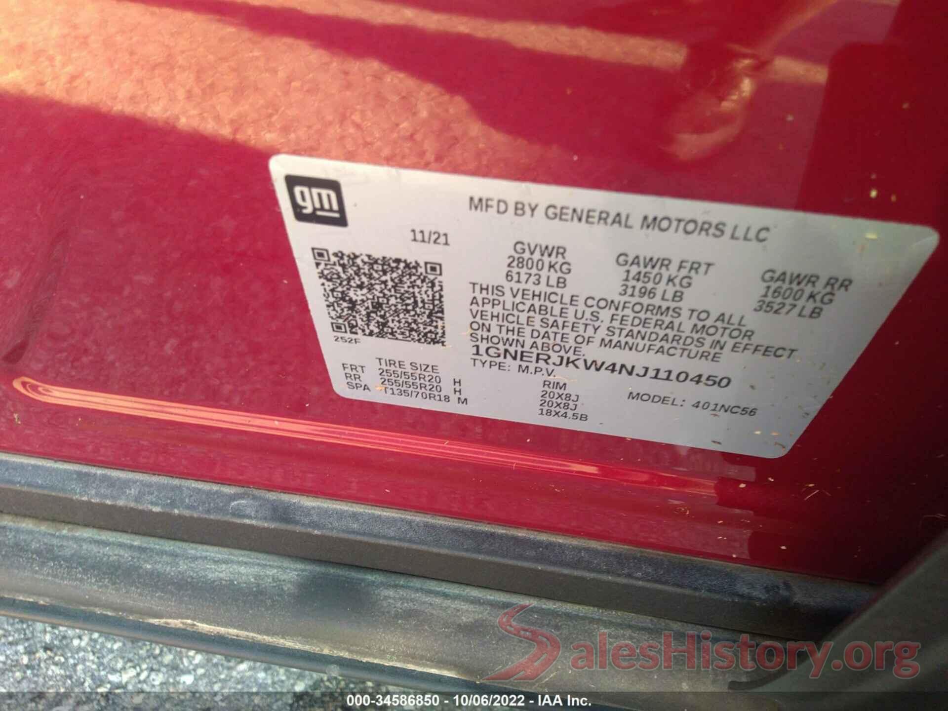 1GNERJKW4NJ110450 2022 CHEVROLET TRAVERSE