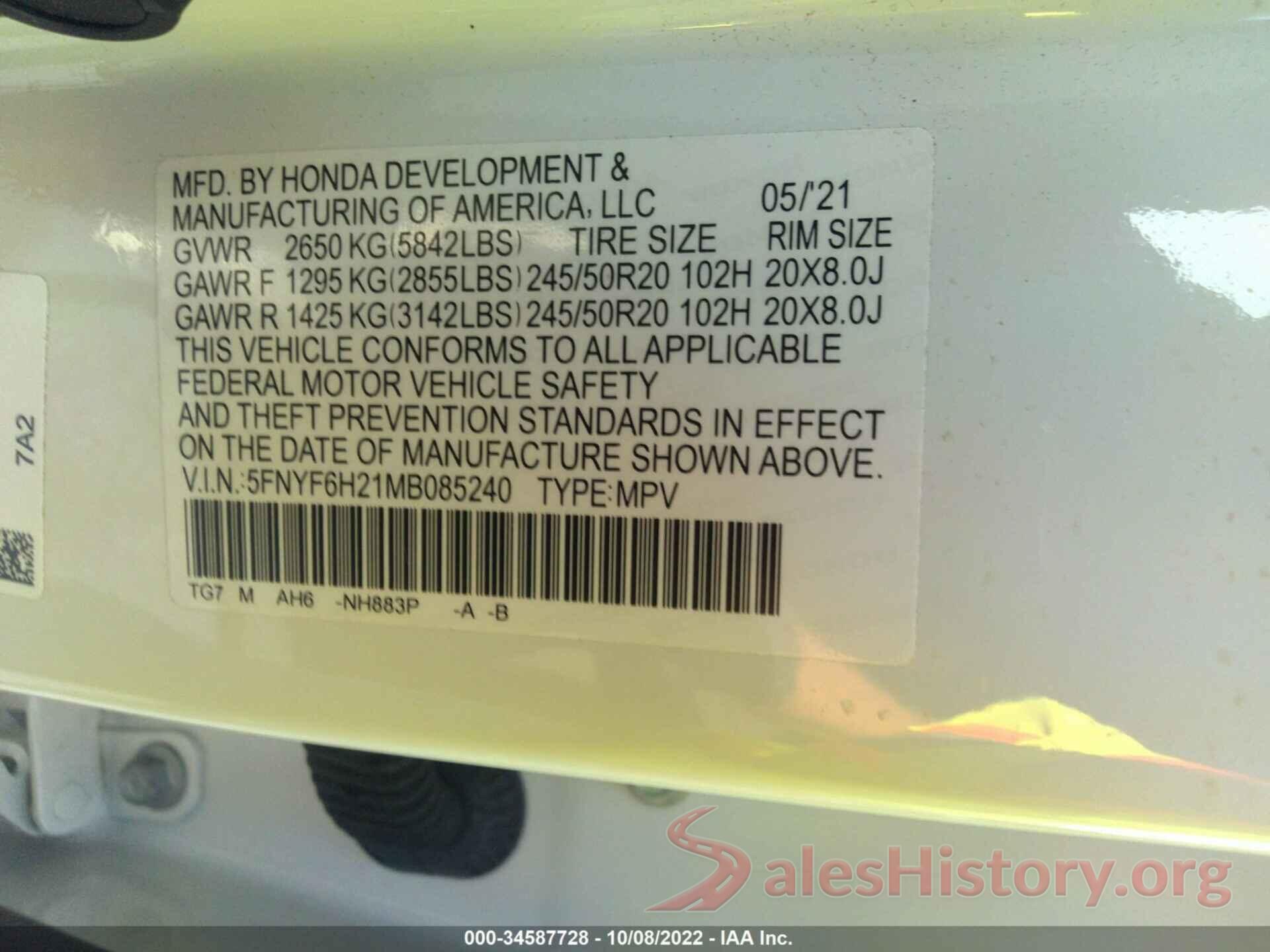 5FNYF6H21MB085240 2021 HONDA PILOT