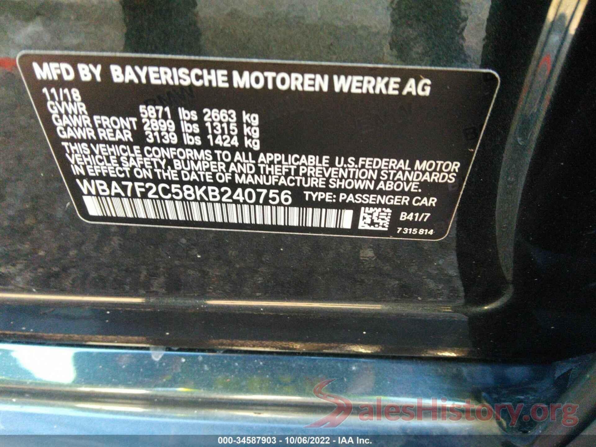 WBA7F2C58KB240756 2019 BMW 7 SERIES