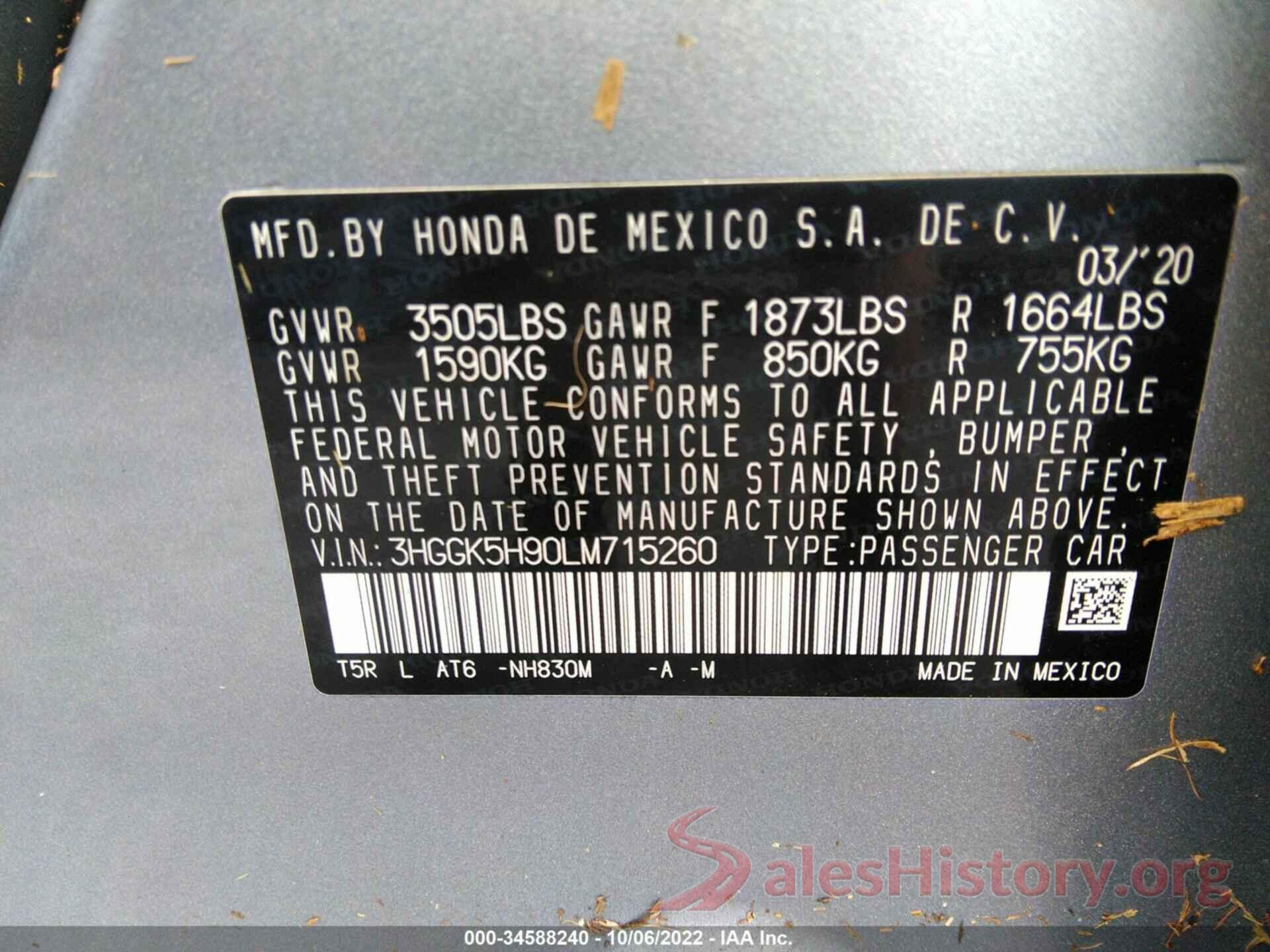 3HGGK5H90LM715260 2020 HONDA FIT