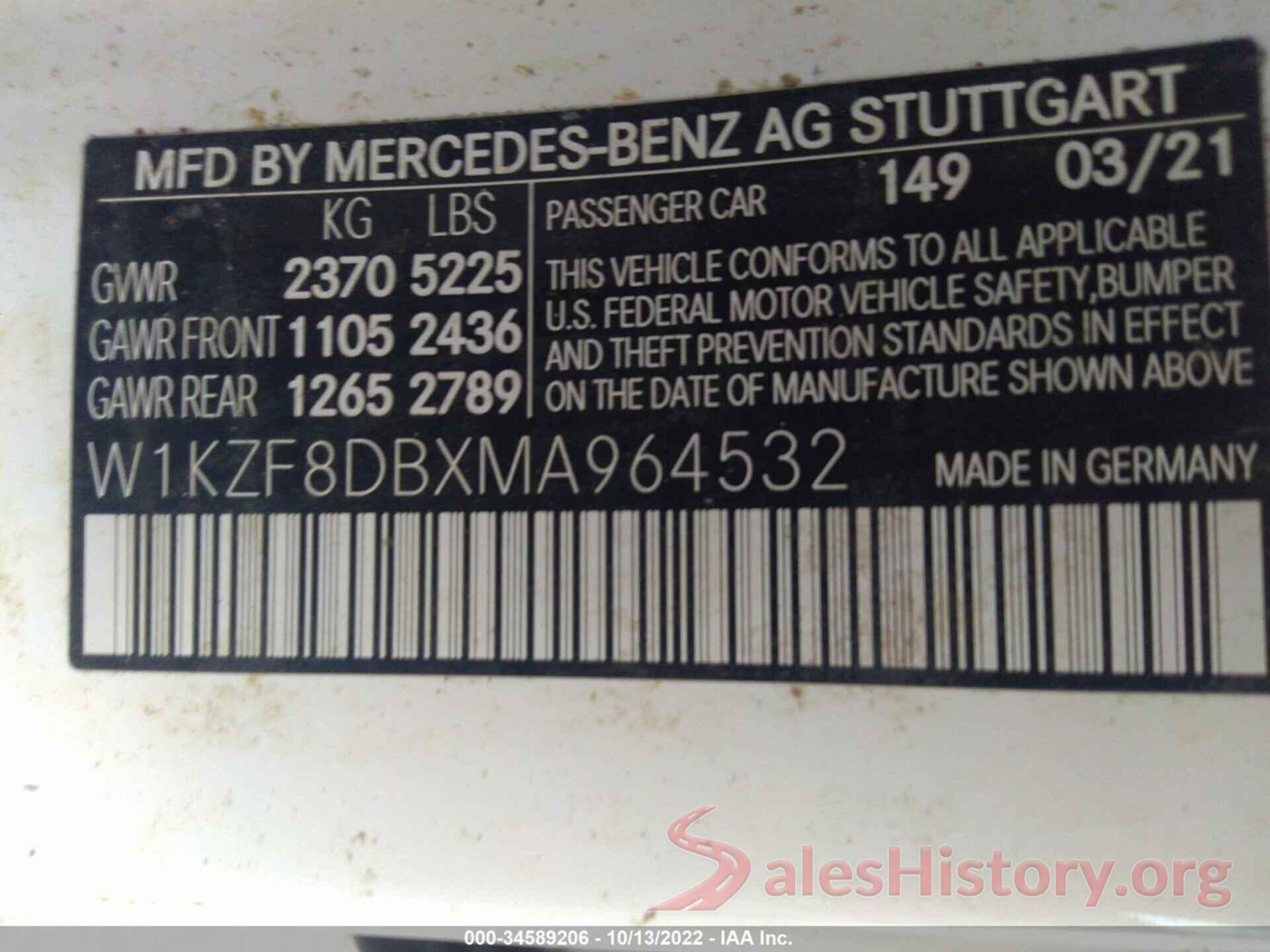 W1KZF8DBXMA964532 2021 MERCEDES-BENZ E-CLASS