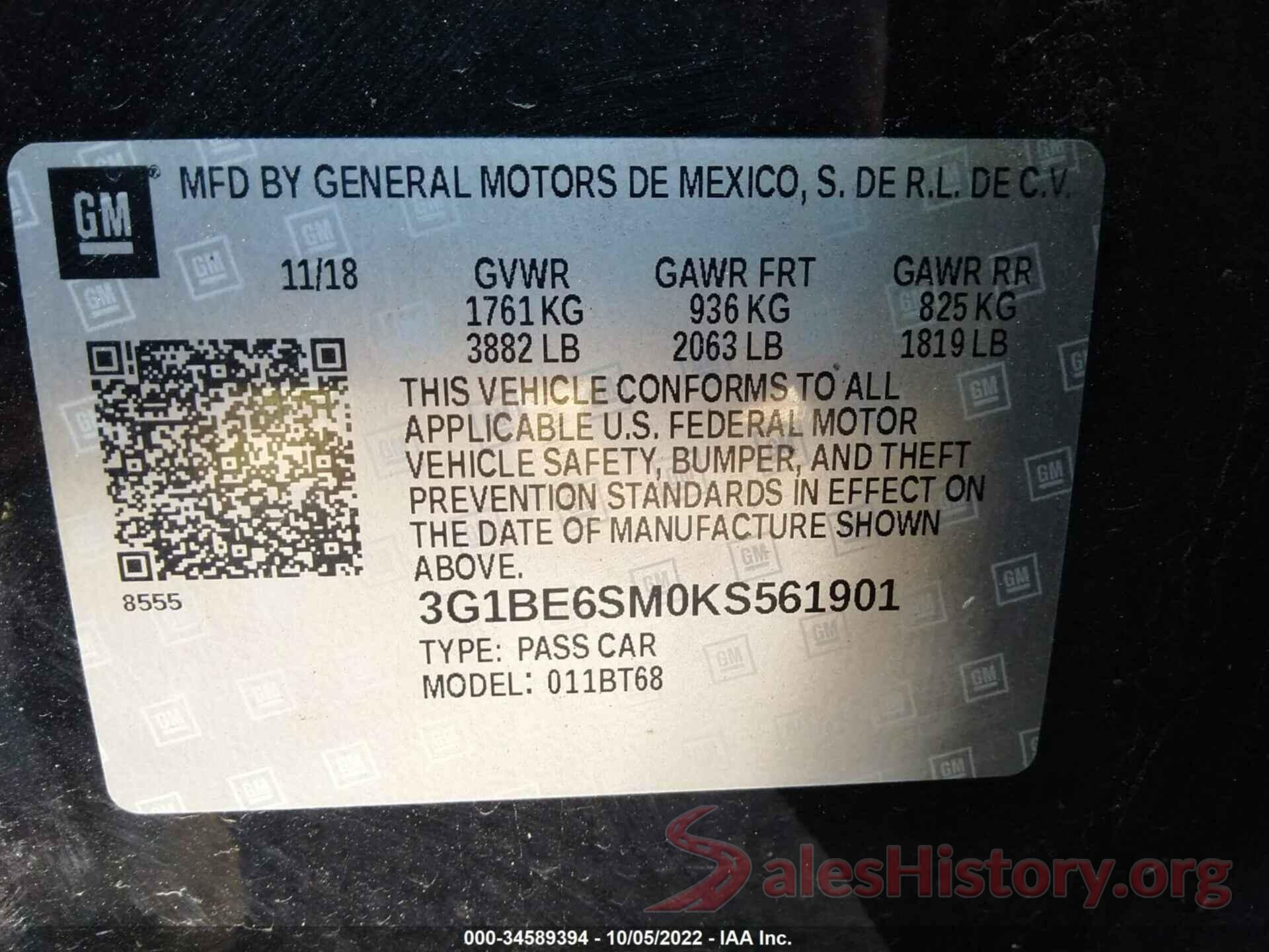 3G1BE6SM0KS561901 2019 CHEVROLET CRUZE