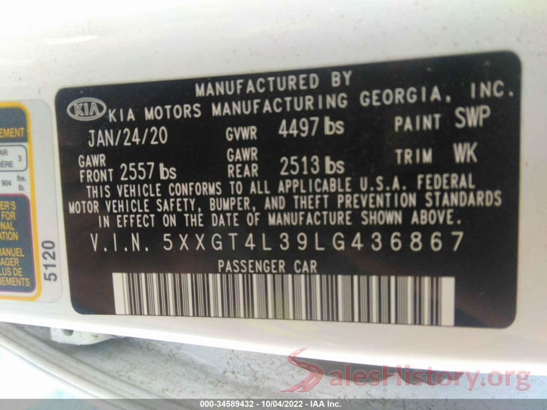 5XXGT4L39LG436867 2020 KIA OPTIMA