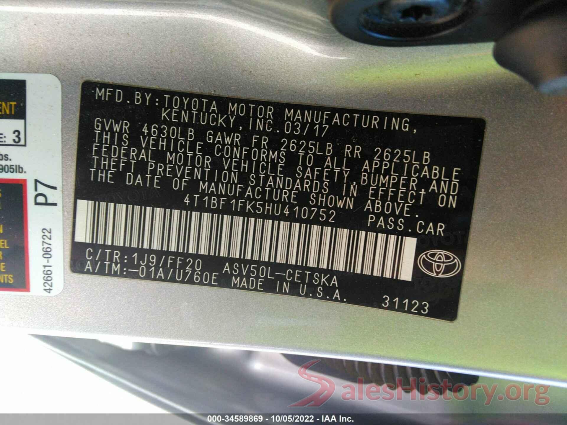 4T1BF1FK5HU410752 2017 TOYOTA CAMRY