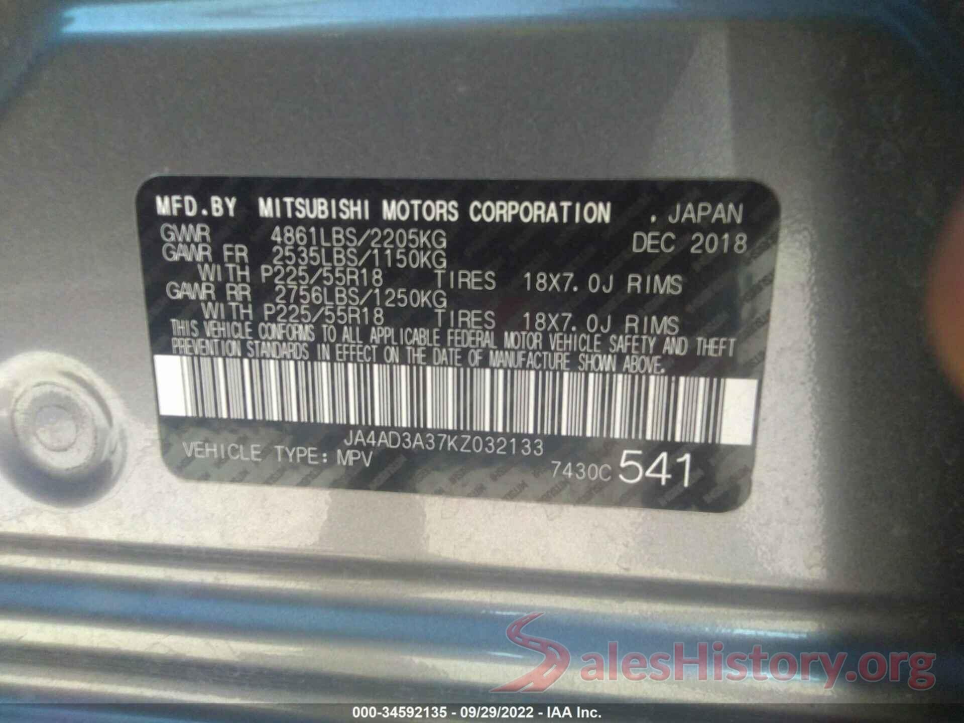 JA4AD3A37KZ032133 2019 MITSUBISHI OUTLANDER