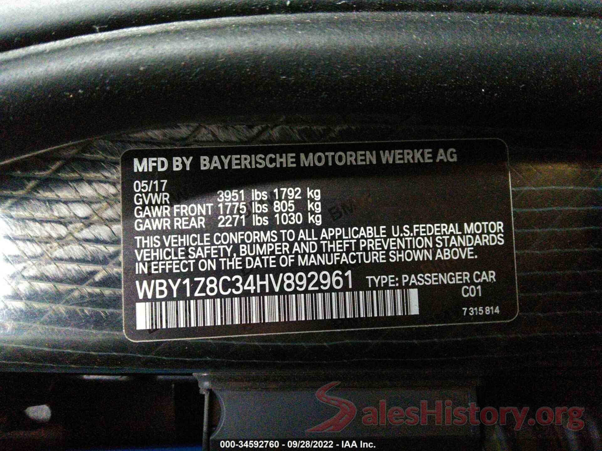 WBY1Z8C34HV892961 2017 BMW I3