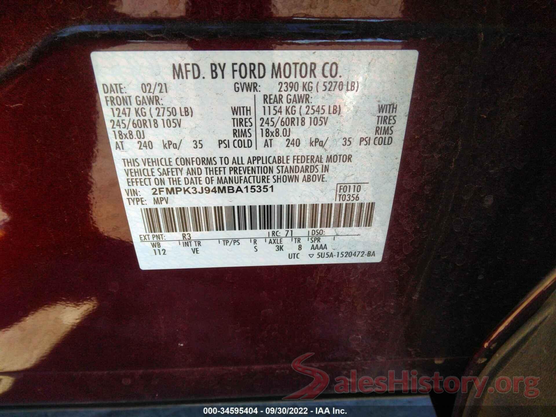 2FMPK3J94MBA15351 2021 FORD EDGE