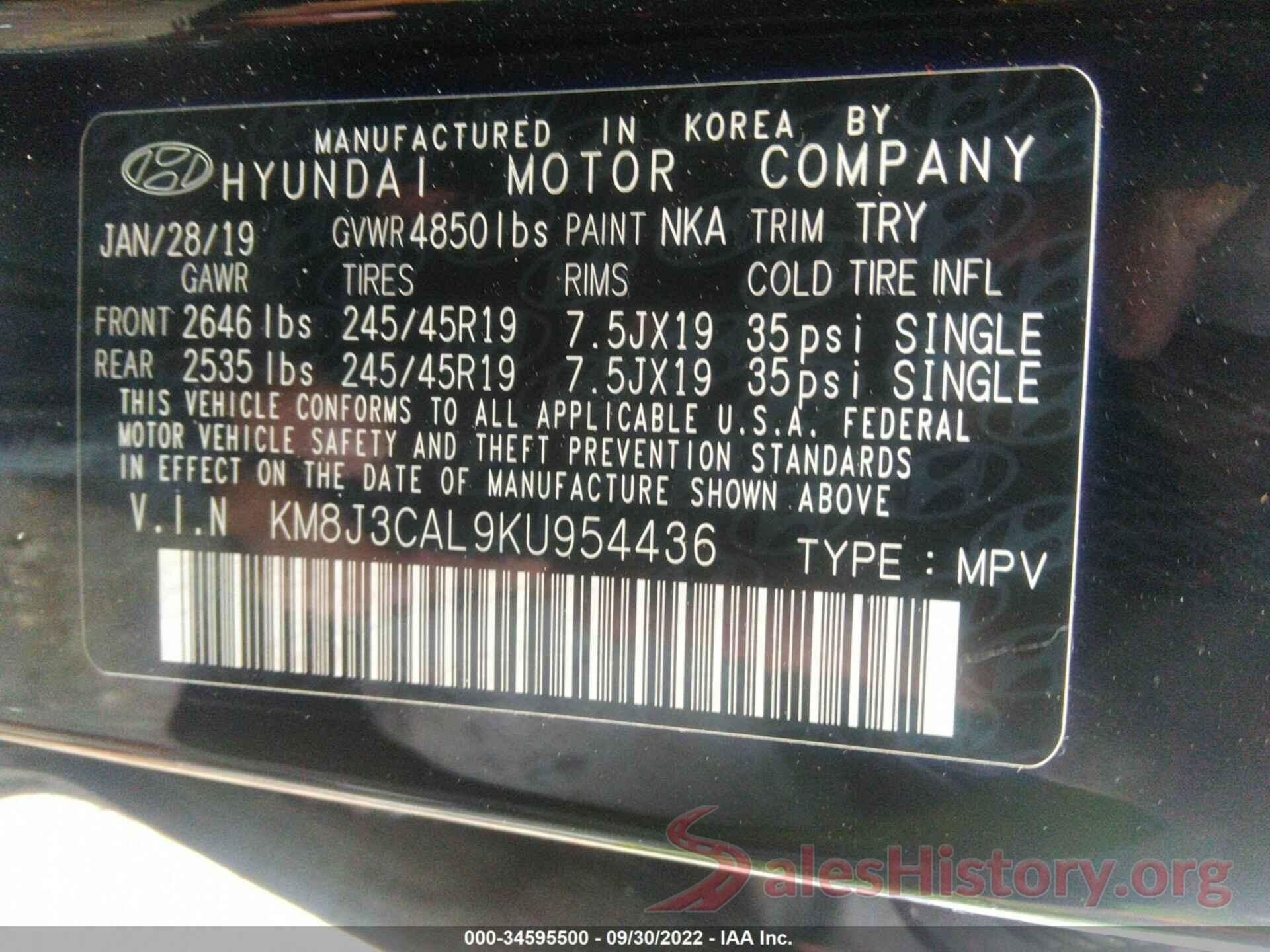 KM8J3CAL9KU954436 2019 HYUNDAI TUCSON