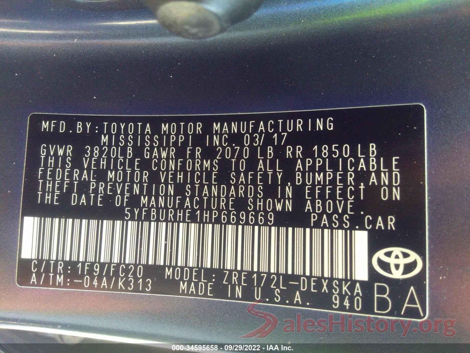 5YFBURHE1HP669669 2017 TOYOTA COROLLA