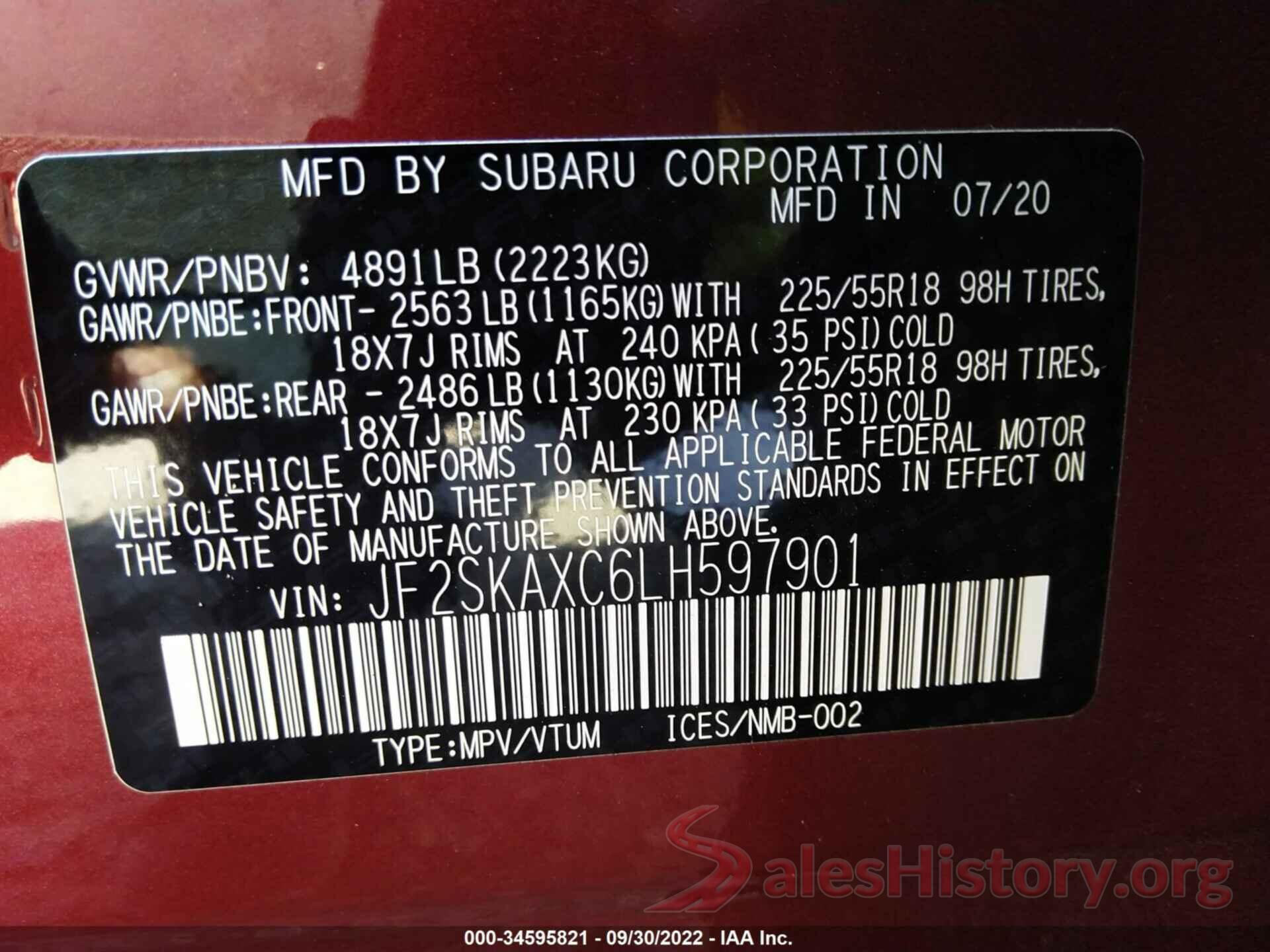 JF2SKAXC6LH597901 2020 SUBARU FORESTER