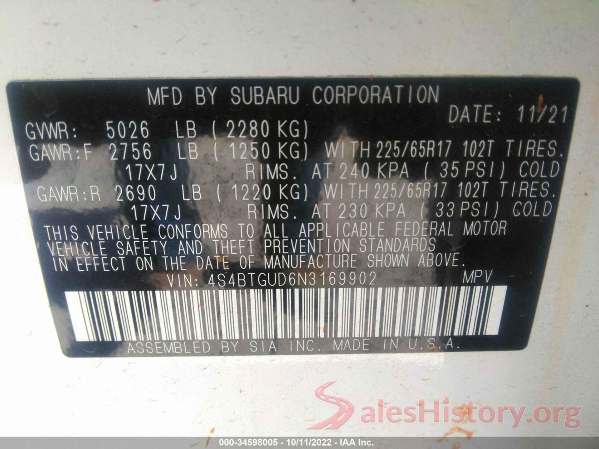 4S4BTGUD6N3169902 2022 SUBARU OUTBACK