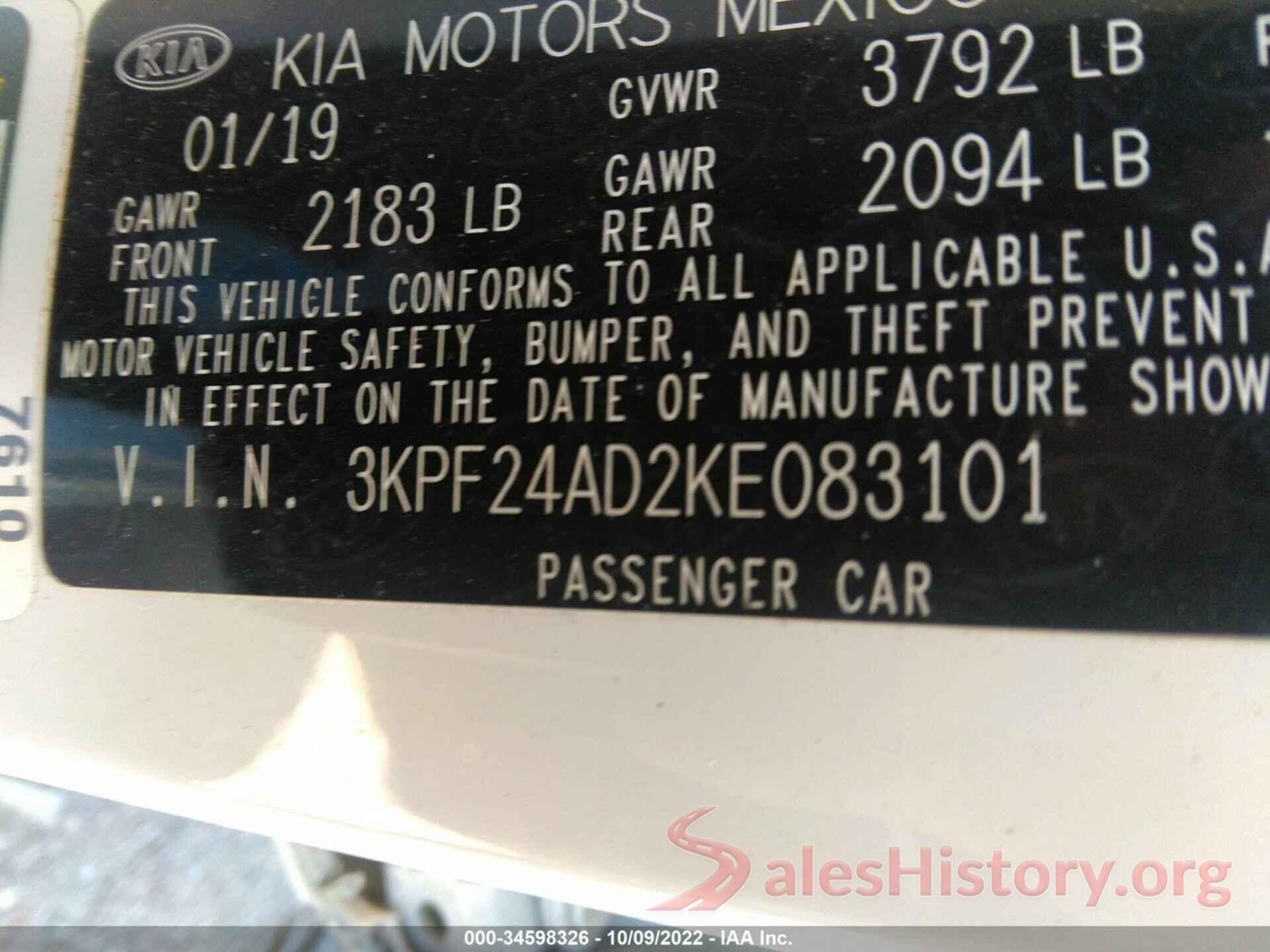 3KPF24AD2KE083101 2019 KIA FORTE