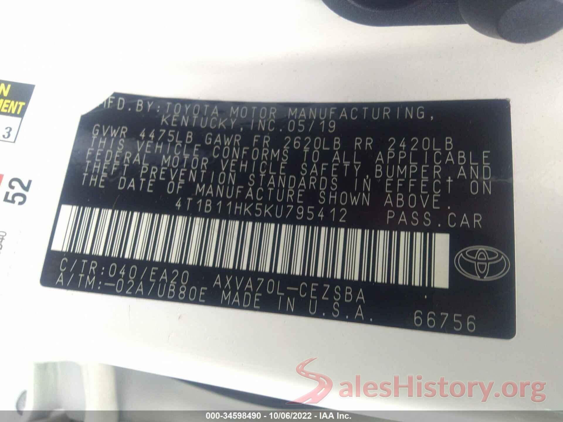 4T1B11HK5KU795412 2019 TOYOTA CAMRY