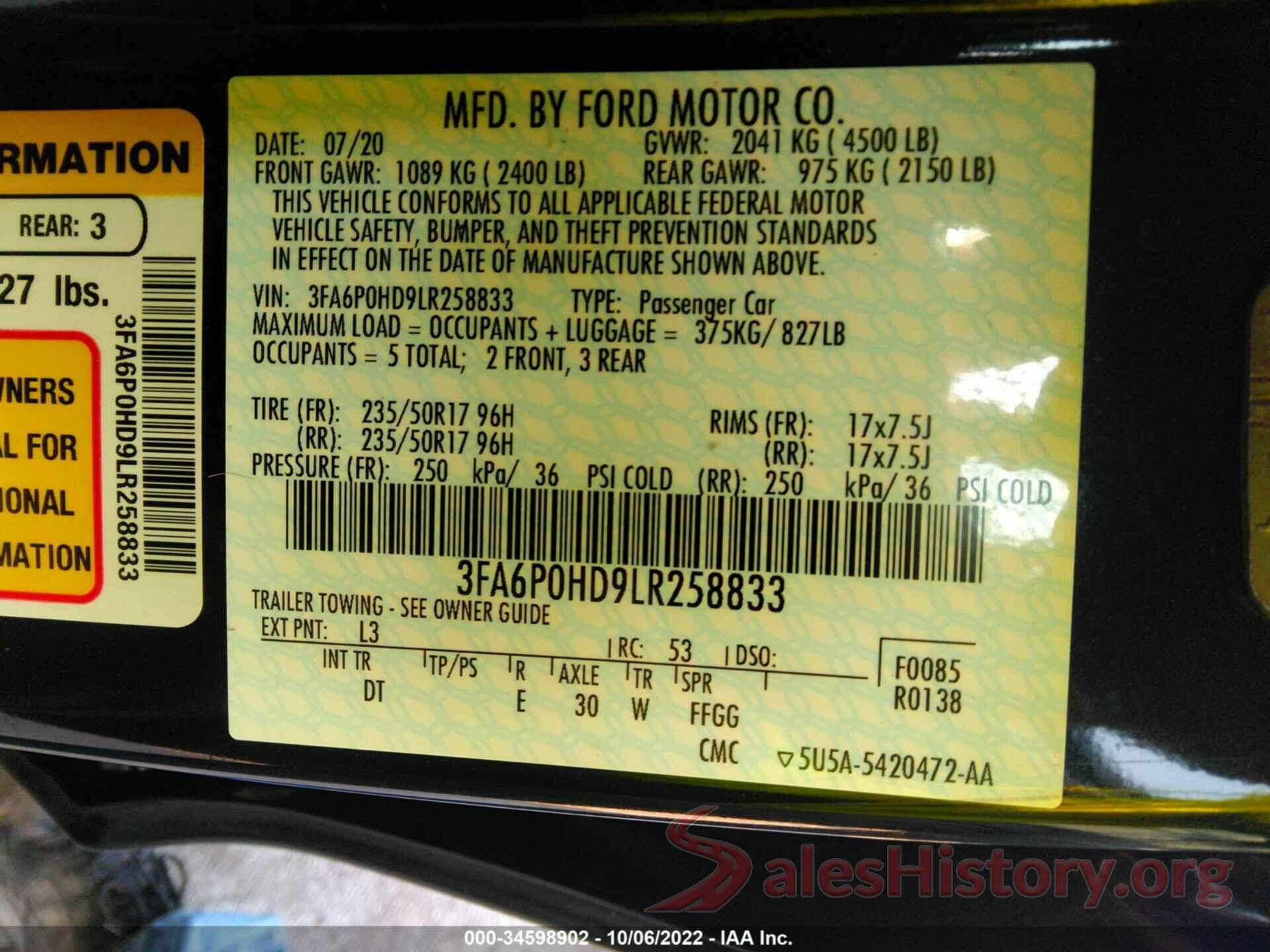 3FA6P0HD9LR258833 2020 FORD FUSION