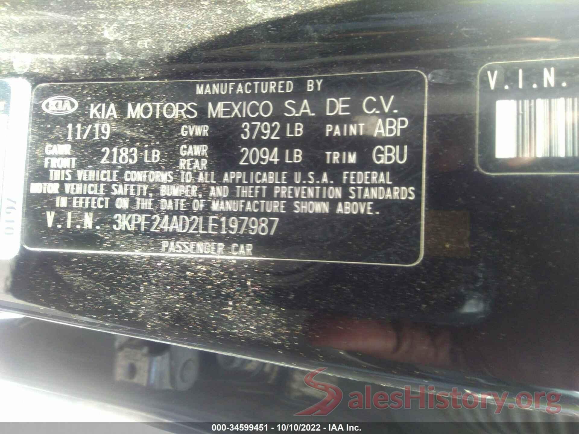 3KPF24AD2LE197987 2020 KIA FORTE