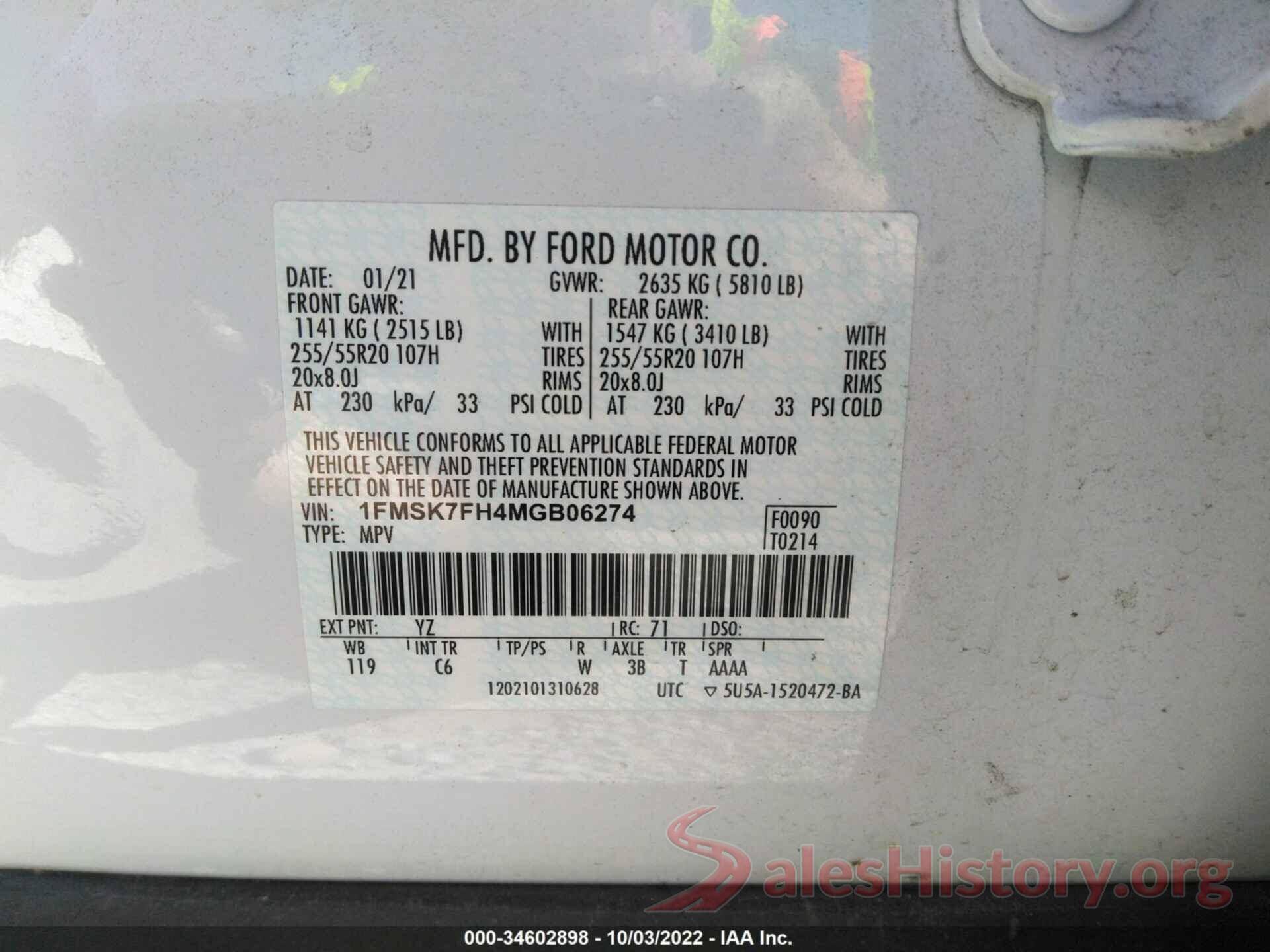 1FMSK7FH4MGB06274 2021 FORD EXPLORER